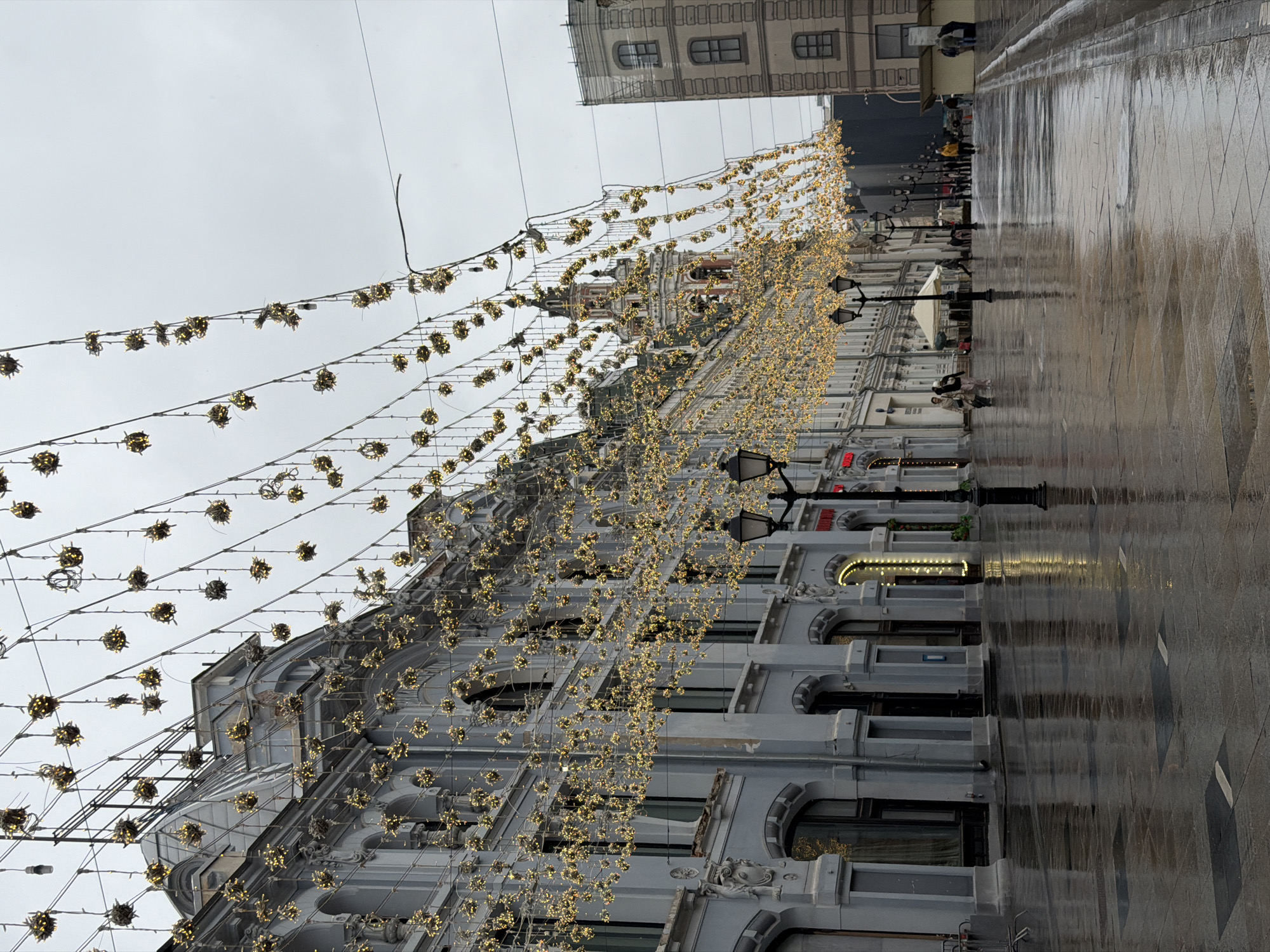 The image depicts a street in Moscow, Russia, characterized by wet pavement reflecting the surrounding architecture and decorative lighting. A central perspective is established by rows of buildings lining either side of the street. These buildings are adorned with ornate facades and windows, and overhead, strung between the buildings, are numerous strands of festive lights resembling small, glowing spheres.
Several lampposts are spaced along the sidewalk adjacent to the buildings. The wet pavement indicates a recent rainfall, and the street reflects the ambient light and architectural details, creating a mirrored effect. People can be seen walking in the distance, some using umbrellas. The overcast sky suggests a somber, grey atmosphere.