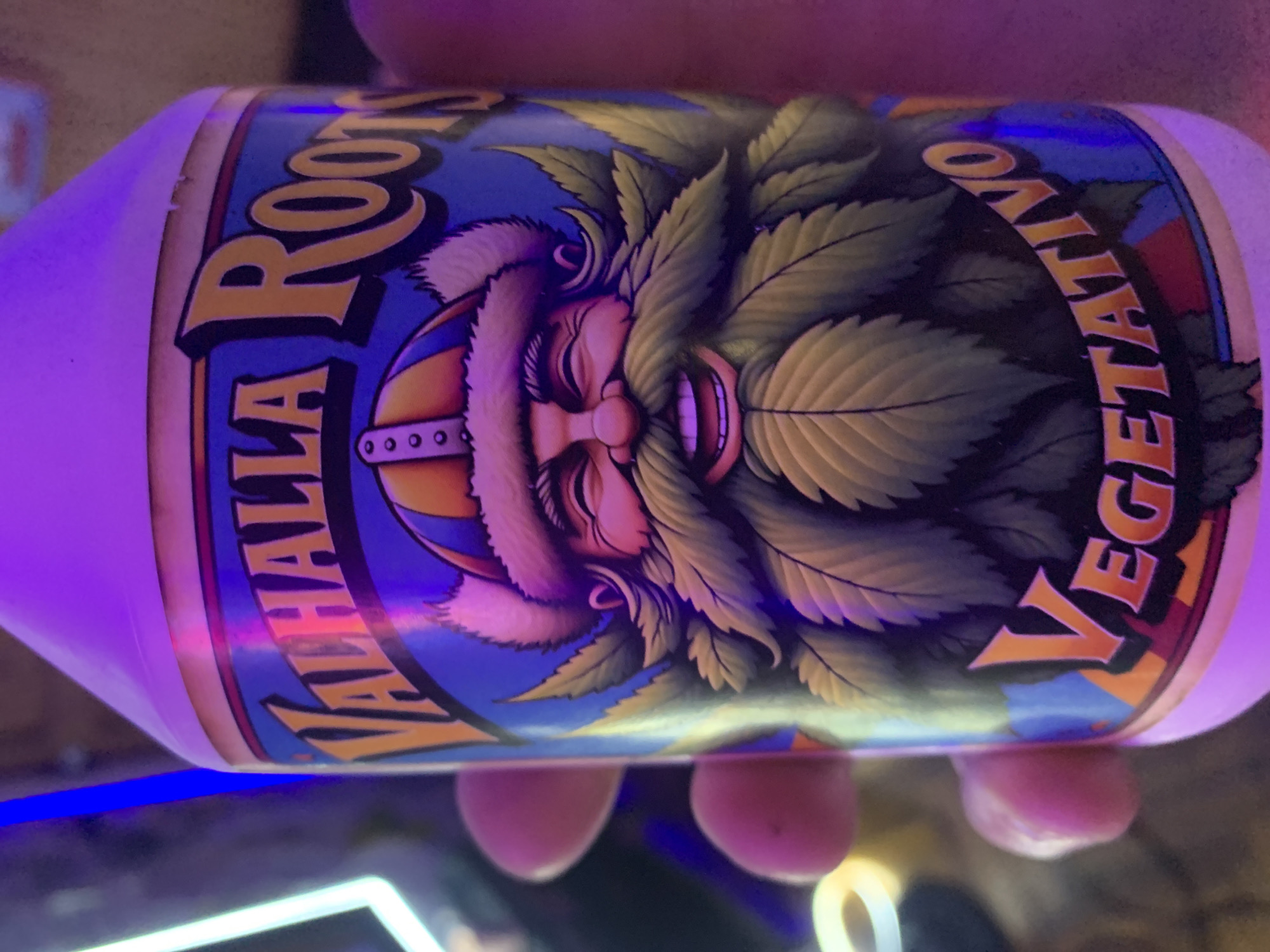 A hand holds a bottle with a label that reads "VALHALLA ROOTS VEGETATIVO." The label features a cartoon face with a leafy beard and a horned helmet on a blue background. The location, Buenos Aires, Argentina, is not discernible from the visual information provided.