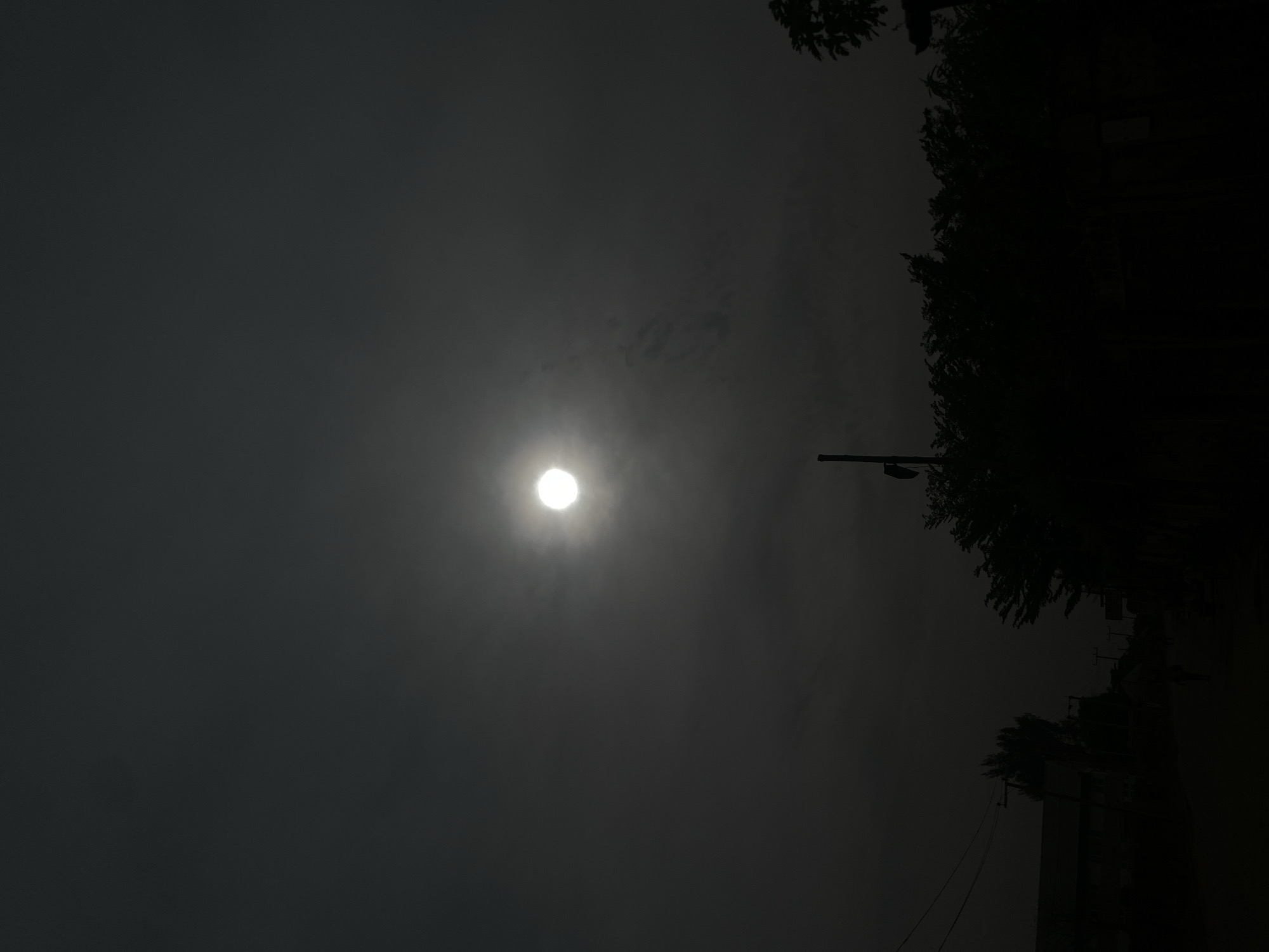 The media file presents an outdoor scene dominated by a dark and hazy sky. At the center-left, a brilliant, circular light source, likely the sun, pierces through dense atmospheric obscurity, creating a distinct halo effect. The sky around it appears dark gray, suggesting heavy cloud cover, thick haze, or smoke.
On the right side of the image, the silhouettes of numerous trees with dense foliage extend vertically, creating a dark, jagged edge against the lighter sky. A prominent street light pole is visible among the trees, also rendered in silhouette. Further down and to the right, faint, dark outlines of structures or buildings can be vaguely discerned, blending into the darkness.
No people are visible. The scene captures a static moment. The notable details include the obscured sun, which implies either very early morning, late evening, or midday under extreme atmospheric conditions such as a heavy dust storm, smog, or severe haze, possibly linked to the Harmattan season in Nigeria. The predominant colors are shades of dark gray and black, contributing to a somber, muted, and mysterious mood. There is no visible text in the image.
