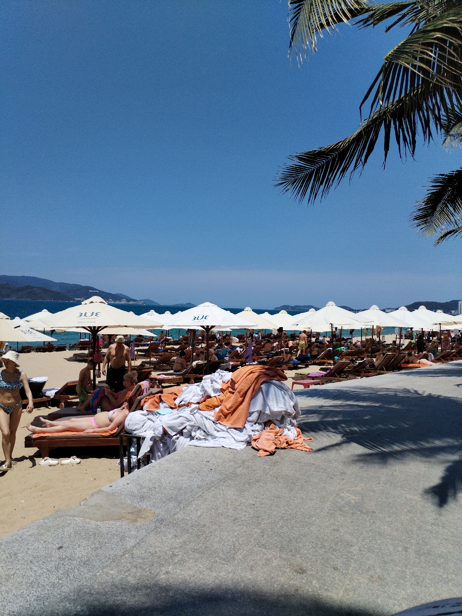 The image captures a bustling beach scene in Nha Trang Ward, Vietnam. The location is characterized by rows of closely arranged lounge chairs under numerous white umbrellas bearing the "3UE" logo, suggesting a beach resort or club. People are seen sunbathing, walking, and relaxing on the chairs, many with towels placed on them.
In the foreground, a stack of white and orange towels is piled on what appears to be a low concrete wall. Shadows cast by a palm tree are visible on the ground in the lower right. The background features a clear blue sky above the ocean and a distant, hilly coastline. The light indicates it is daytime, likely mid-day.