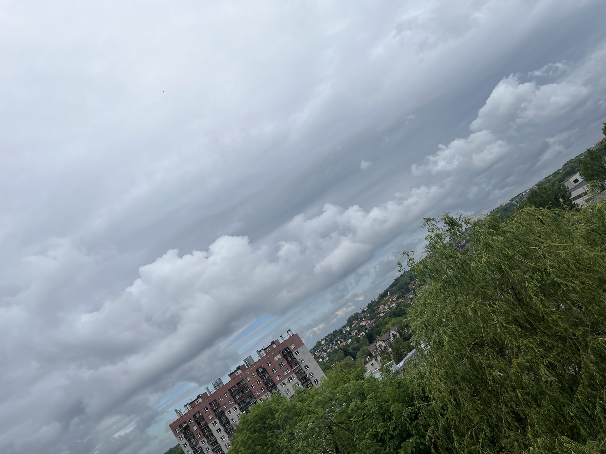 The image displays a wide, diagonally tilted view of a residential landscape under a heavily overcast sky. The sky is dominated by layers of grey clouds, varying from thick, textured cumulus formations to flatter, lighter stratiform clouds, with small patches of lighter blue sky peeking through in the lower mid-ground.
In the mid-ground, a multi-story apartment building with a distinctive reddish-brown and grey facade is prominent, featuring rows of windows and balconies. This building is partially obscured by vibrant green trees in the lower left. Beyond the apartment building and extending across the hillside to the right, numerous smaller houses and buildings are visible, nestled amidst dense green foliage, suggesting a town built on undulating terrain.
The foreground on the right side is filled with a large mass of lush green leaves from a tree, possibly a willow, creating a natural frame for the scene. No people are visible. The overall impression is of a quiet, cloudy daytime scene, possibly indicating mild or cool weather. No specific activities are taking place, and no discernible text is present in the image.