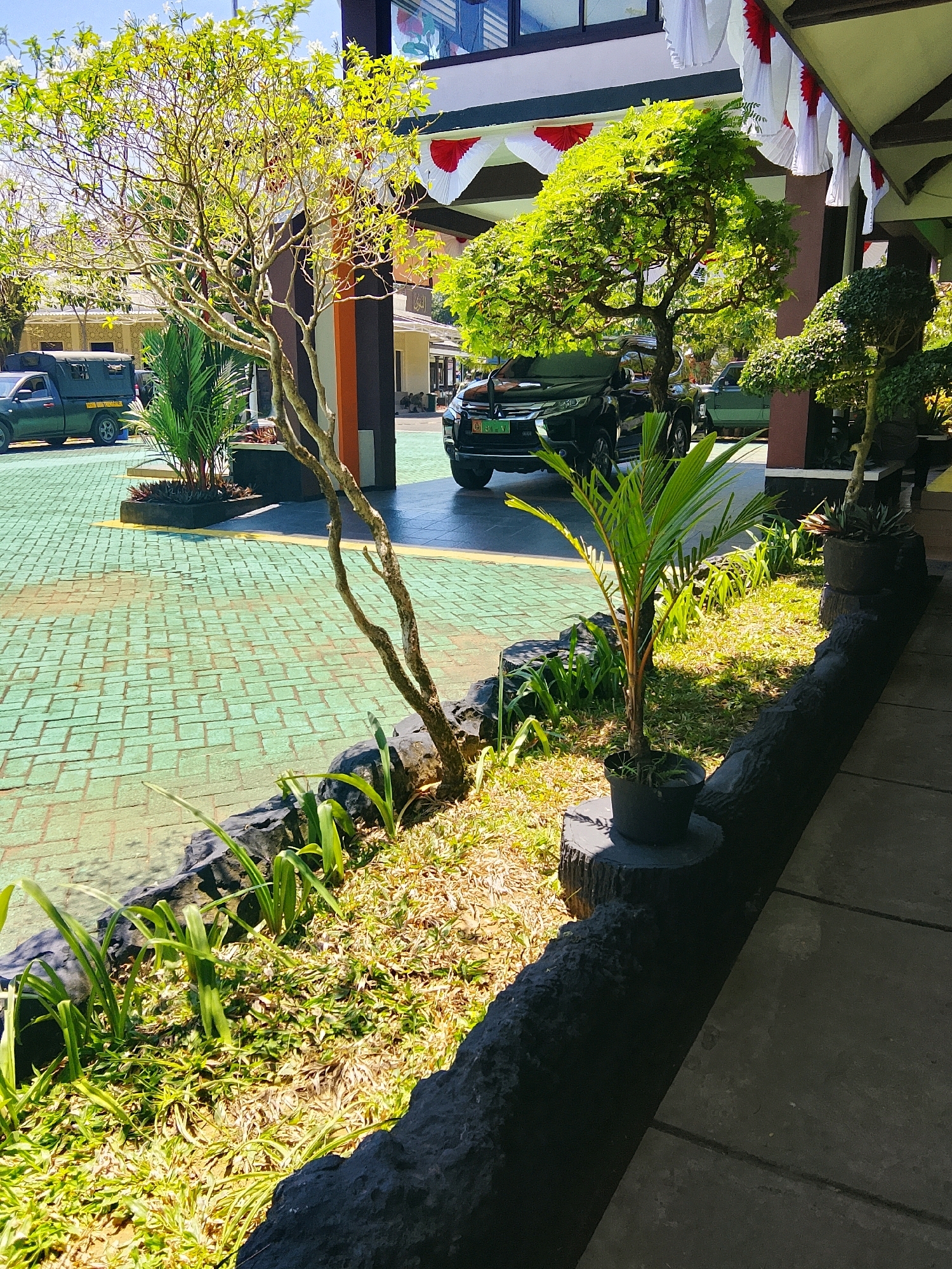 The image depicts an outdoor scene with a paved walkway and a garden bed. In the background, a building with a dark brown pillar and white and red banners is visible. Two black SUVs are parked on a green paved area. The garden bed, which is edged with black material, contains various plants, including a small palm tree in a black pot placed on a tree stump. Sunlight casts shadows across the scene. The location is specified as Tasikmadu, Indonesia.