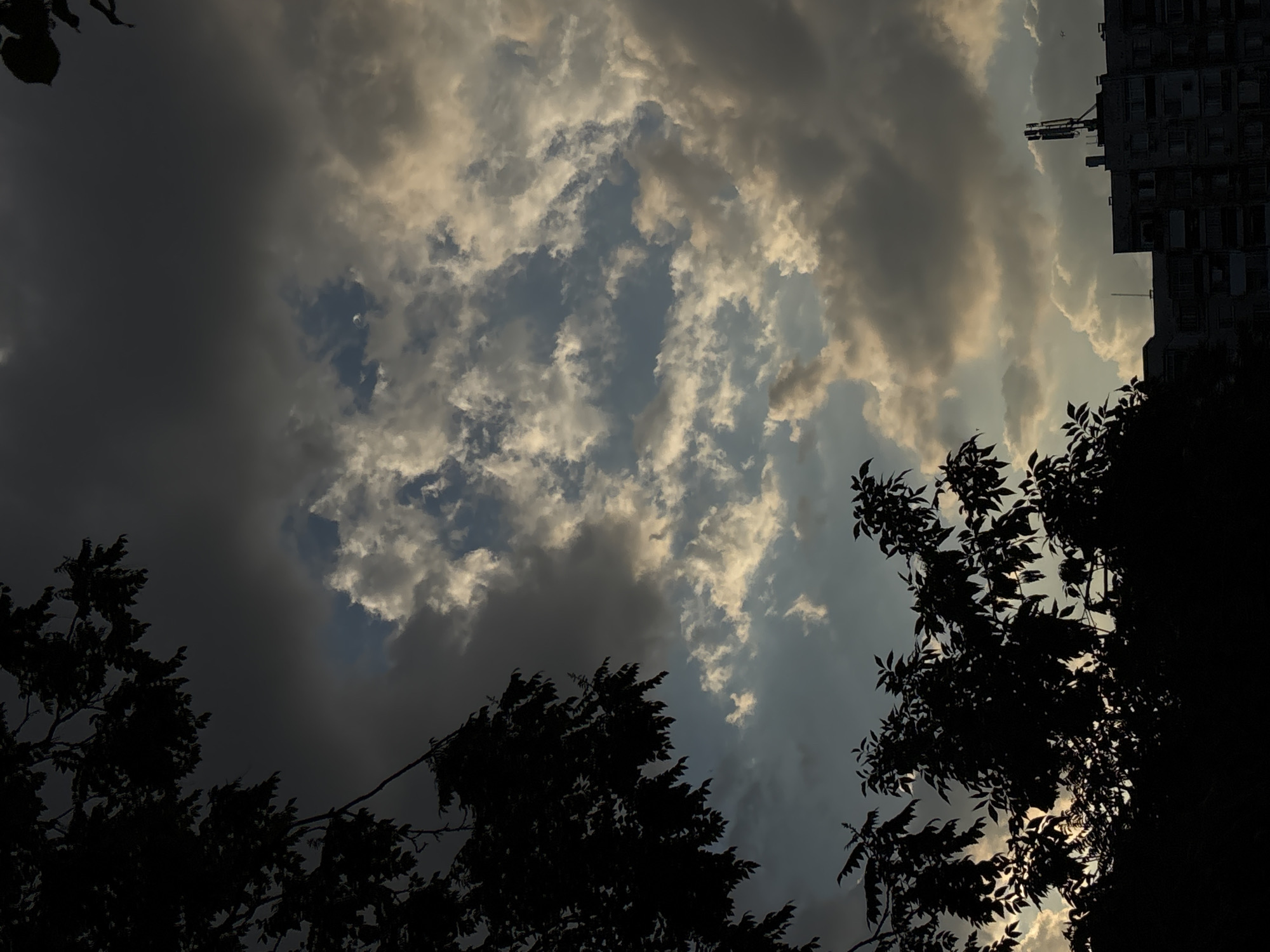 The image captures a view looking upwards towards a dramatic sky filled with dynamic cloud formations. The clouds vary from light, almost illuminated patches to dense, dark storm clouds. The lower portion of the frame features silhouetted tree branches and leaves. A dark, multistory building and a crane are visible against the cloudy sky in the right corner.
Without further information or context, it is impossible to confirm the exact location in Plovdiv, Bulgaria.