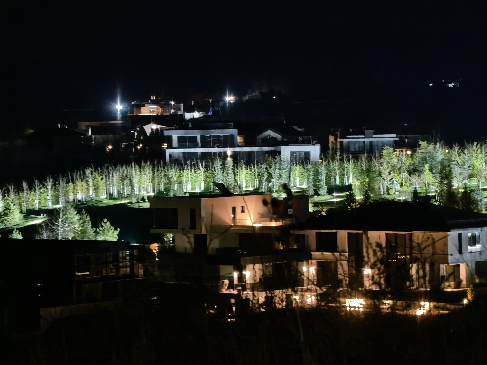 At night, a residential area in Unknown, Unknown is illuminated by a combination of interior house lights and outdoor lighting. Several modern houses with large windows are visible, some appearing to be under construction or renovation. A row of slender trees, uniformly lit from below, stands between the camera and the houses. Distant lights indicate additional buildings further uphill. The foreground is dark, obscuring details. The overall scene depicts an affluent neighborhood.