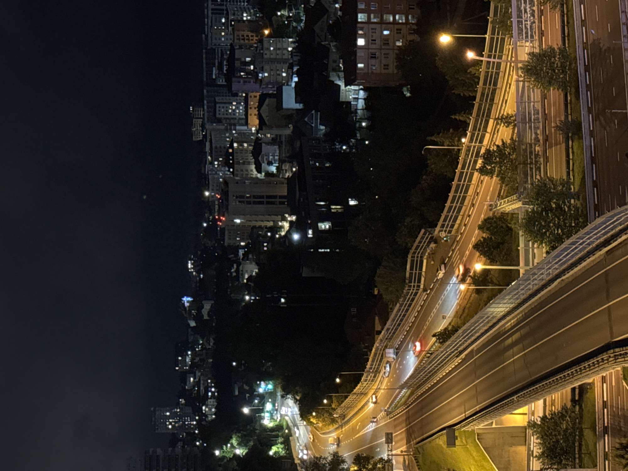 The image depicts an elevated highway at night, curving through a city. Buildings with illuminated windows are visible to the left, suggesting an urban setting. Streetlights illuminate the highway, revealing multiple lanes and some vehicle traffic. The surrounding environment includes trees and landscaped areas along the highway. The location is Sochi, Russia.