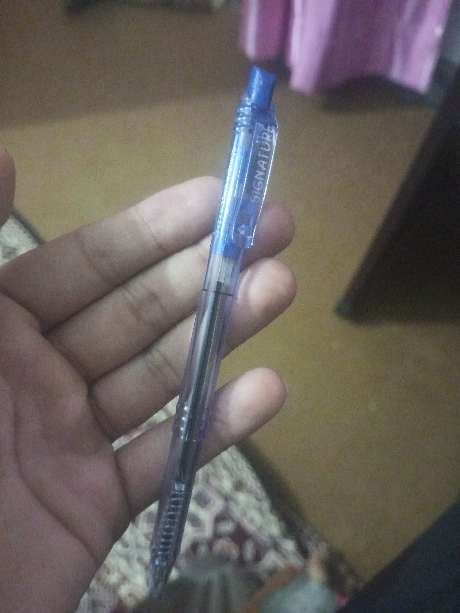 A hand is holding a clear blue pen with "SIGNATURE" written on it in white lettering. The pen has a silver clip. The background is blurred and appears to be an indoor setting with a patterned carpet on the floor and a pink fabric hanging in the distance. The image is taken from a top-down perspective. The location is Mansehra, Pakistan.