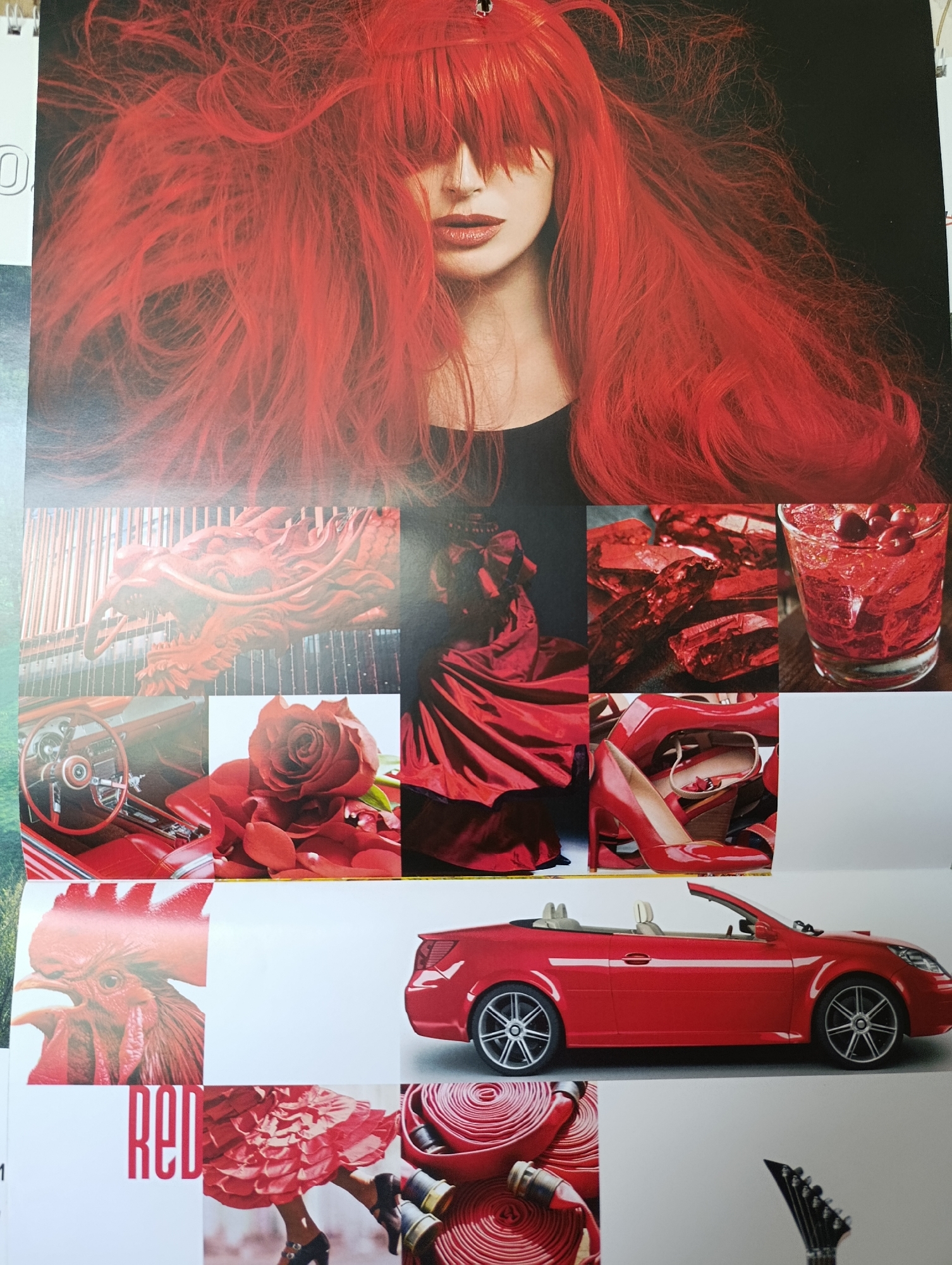 A collage of images features the color red prominently. The top section displays a close-up of a person's face with bright red hair and red lipstick, with some of the hair obscuring the face. Below this, several smaller images are arranged: a red dragon sculpture, a red dress draped on fabric, red crystals or candy, and a red drink with berries in a glass. Another row contains a close-up of a red car's interior with a steering wheel, a red rose with scattered petals, and a red high-heeled shoe. The bottom section shows a red rooster's head, the word "RED" in bold lettering, a dancer's legs in a ruffled red skirt and black heels, a red convertible car from the side, and a coiled red fire hose. The overall composition is a collection of red objects and imagery, with no identifiable urban or specific geographical context.