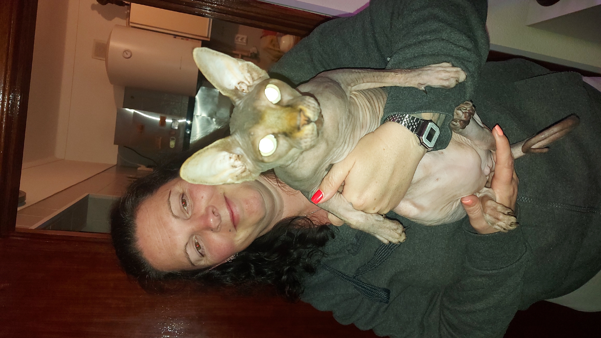 A woman is holding a Sphynx cat. The woman has dark curly hair and fair skin. She is wearing a gray hoodie. The cat is hairless and has large ears. The cat's eyes are glowing. The woman's left hand is wearing a silver digital watch and has red nail polish. Her right hand has pale pink nail polish. The background appears to be a kitchen with stainless steel appliances. The image was taken indoors. There is no information available in the image to confirm the location is Figueira da Foz, Portugal.