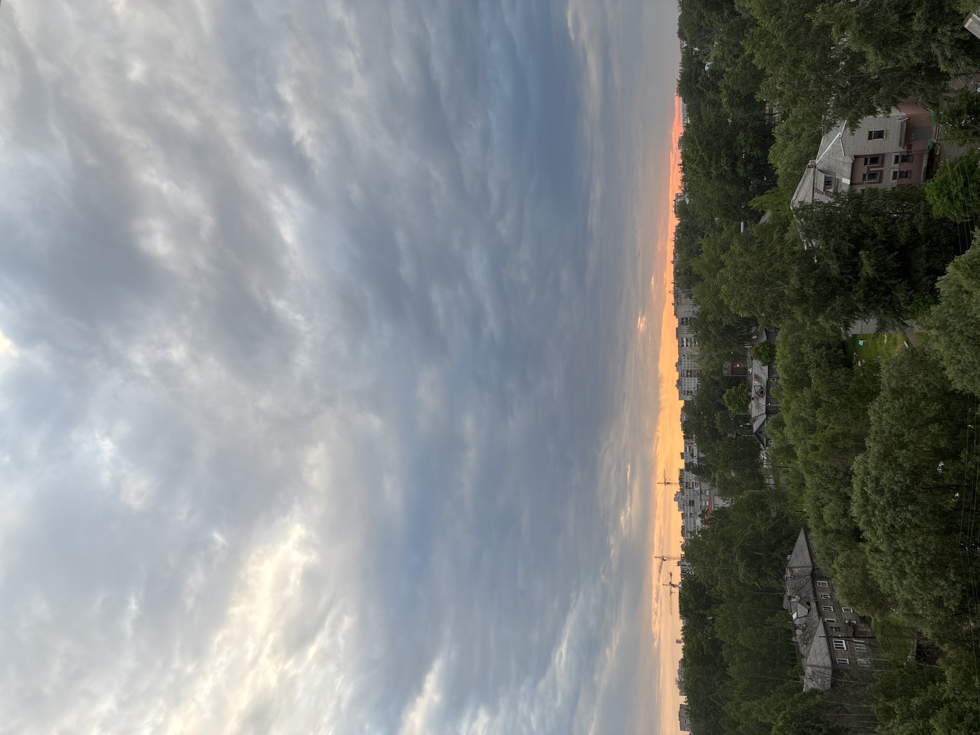 A high-angle view captures an unknown urban area at dusk or dawn, characterized by a heavily clouded sky and extensive greenery. The sky occupies the upper two-thirds of the frame, dominated by textured grey clouds, with a bright, warm orange and yellow glow visible along the distant horizon, indicative of the setting or rising sun. Above this warm band, the clouds transition from light grey to a darker, denser grey overhead, showing subtle variations in texture and luminosity.
Along the distant horizon, silhouetted against the bright sky, a cityscape of multi-story buildings is visible, interspersed with at least three prominent yellow construction cranes, suggesting ongoing development.
The midground is dominated by a dense canopy of mature trees, primarily deciduous, forming a verdant expanse. Interspersed within and slightly above the trees are various residential buildings, including apartment blocks in the distance.
In the foreground, more trees fill the lower portion of the frame. Two distinct residential buildings are partially visible: on the left, an older, multi-story structure with a dark, pitched roof, numerous windows, and a weathered facade; on the right, another multi-story building, possibly of a different architectural style, also features a pitched roof and visible brickwork. No people or specific activities are discernible in the static scene. The environment is a mix of natural elements and urban infrastructure.