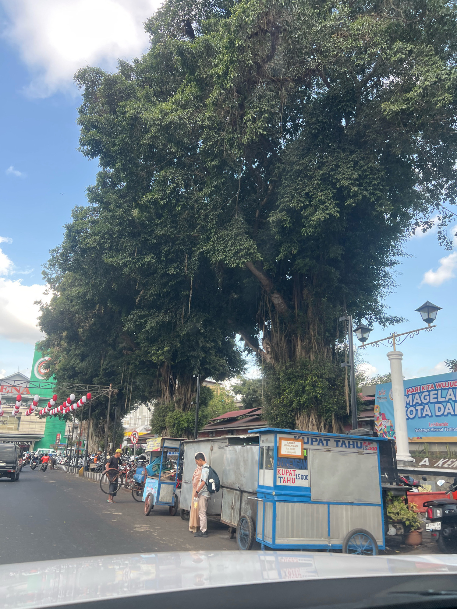 The image depicts a street scene in Magelang, Indonesia, characterized by a large, old banyan tree with aerial roots and a dense canopy. The tree dominates the upper portion of the frame, casting shadows on the street below. In the foreground, a food cart with a blue and white facade is visible, displaying signs with text in Indonesian, including "KUPAT TAHU" and prices. A person in a light-colored outfit with a backpack stands near the cart. To the left, a busy street is lined with parked motorcycles and a few cars. In the background, there are buildings, one of which features a large green facade with text and decorations. A street lamp with two lights is also present on the right side of the image, near a banner that reads "MARI KITA WUJUDKAN MAGELANG KOTA DAMAI". The sky is partly cloudy with blue patches.