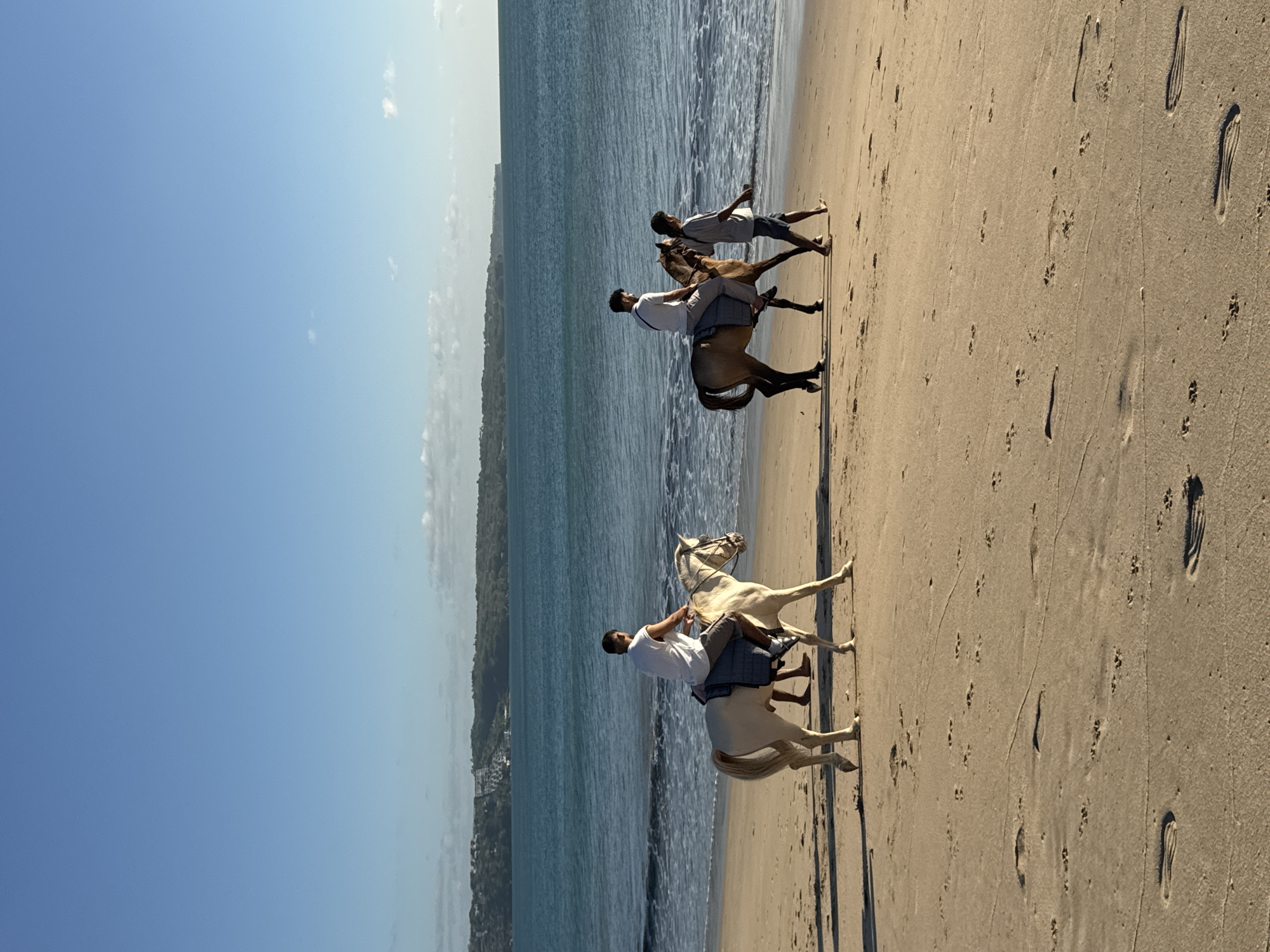 The image displays a lively daytime scene of horseback riding along a sandy beach in Kuta, Indonesia. The bright blue sky, speckled with a few small white clouds, stretches above the vast ocean. Gentle waves can be seen rolling onto the shore, creating a foamy edge where the water meets the sand.
On the wide, light-colored beach, several sets of human footprints and horse hoof prints are distinctly visible, indicating recent activity. The main subjects are multiple individuals engaged in horseback riding. In the foreground, a man wearing a white t-shirt and dark shorts is seated on a light-colored, possibly white, horse. The horse casts a clear shadow on the sunlit sand. Further back and slightly to the left, another person in a white shirt is riding a brown horse, with a second individual walking alongside, appearing to guide or accompany them. A third group, consisting of a person on a darker horse and another on foot, is visible closer to the water's edge in the middle distance.
The activity depicted is a leisurely horse ride, likely a recreational or tourist experience along the picturesque coastline. The strong sunlight and pronounced shadows suggest the time of day is either late morning or early afternoon. In the far distance, a lush, green coastline with hints of distant structures can be seen, providing a backdrop to the beach scene. The overall ambiance is relaxed and pleasant. There is no visible text present in the image.