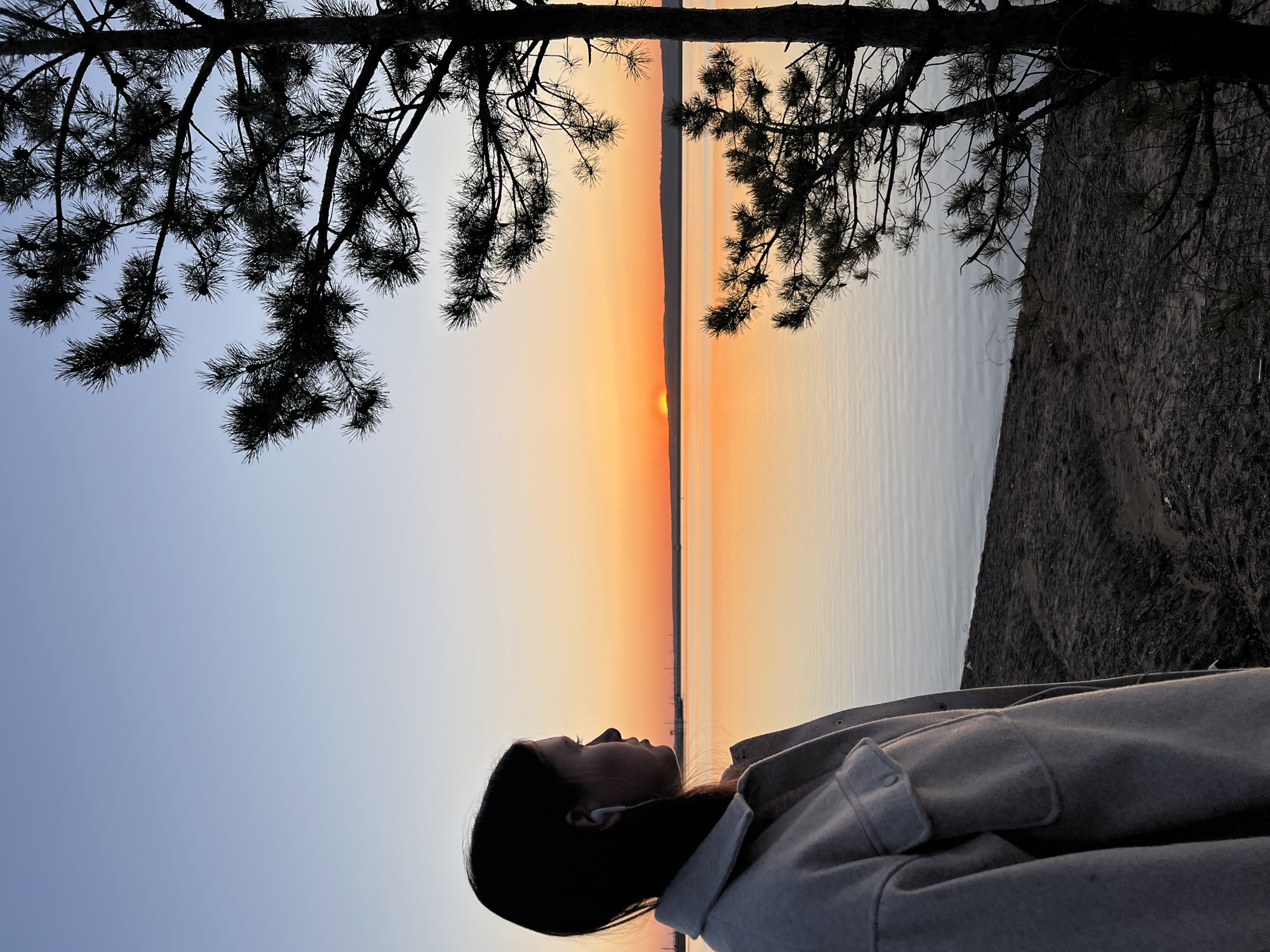 A photograph taken outdoors, rotated 90 degrees counter-clockwise, depicts a person looking towards a body of water at sunset. The person, likely female, is facing the sunset with their eyes closed. They have dark hair and are wearing a light-colored jacket. In-ear headphones are visible in their ear. The sunset is occurring over a long, narrow body of water. The sky transitions from blue to orange, with the sun appearing as a small, bright spot on the horizon. Tree branches and pine needles, silhouetted in dark tones, frame the upper portion of the image. A bank or cliff with vegetation is visible on the right side of the image. The scene appears to be located in a natural environment, possibly a park or lakeside area. Given the prompt, this location is likely in the city of Chaikovsky, Russia, though there are no obvious landmarks to verify this.