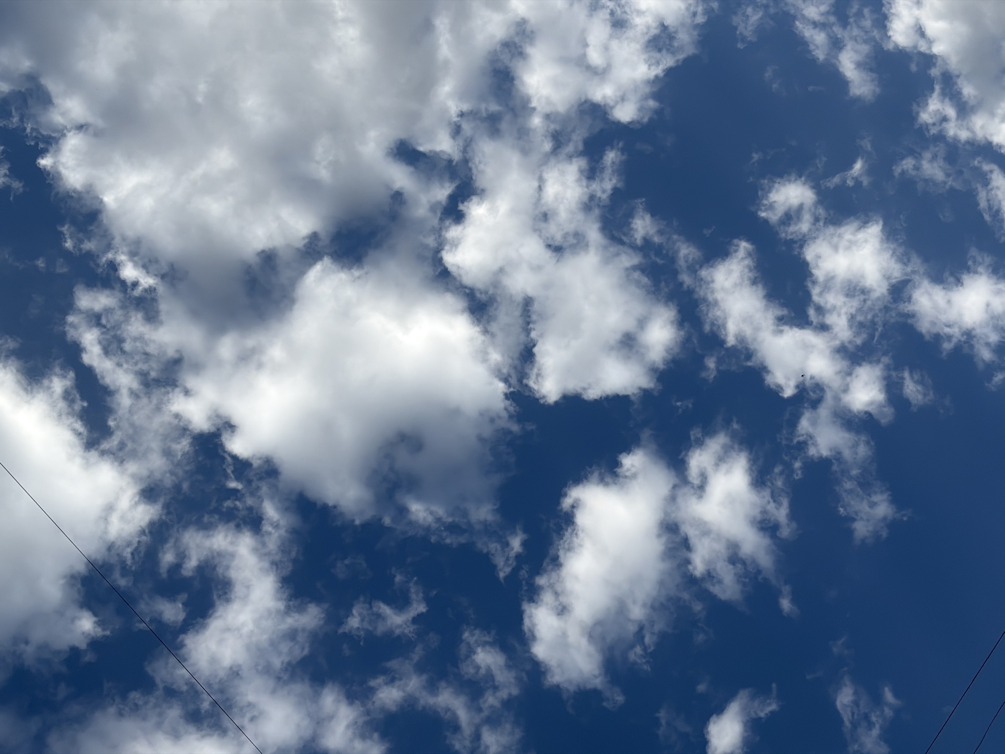 The image shows a view of the sky with white clouds against a blue background. A power line is visible in the lower left of the frame. The image was taken in the city of Chaikovsky, Russia.