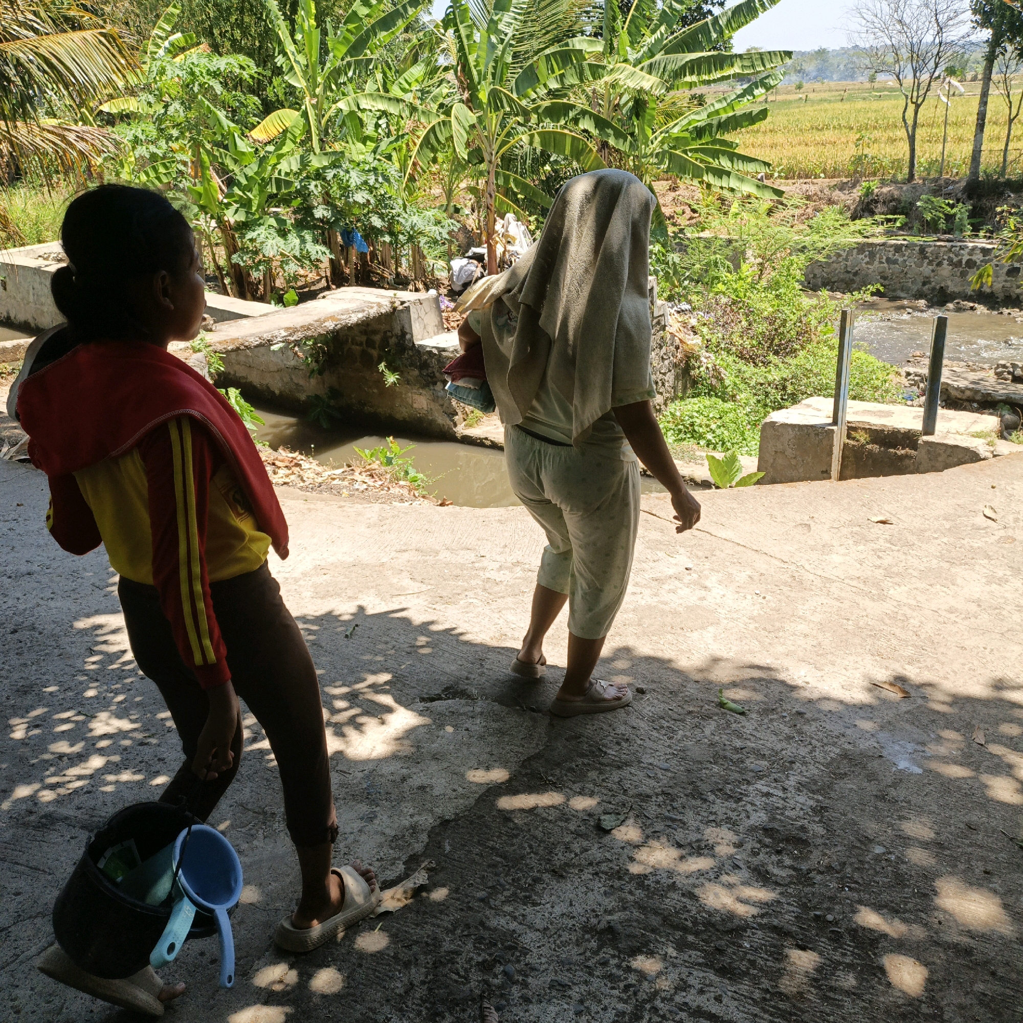 Two individuals are walking on a concrete path in a rural area of Mangli, Indonesia. The person in the foreground, on the left, is a child wearing a red and yellow jacket and dark pants. They are carrying a black bucket containing blue and light blue scoops. The child's hair is pulled back in a bun. To the right, another person, likely an adult, is walking away from the camera. This individual is wearing a light-colored top and patterned pants, and has a light-colored cloth draped over their head and shoulders. They are also carrying a stack of folded clothes.
The environment is lush and green, with numerous banana trees and other vegetation visible. In the background, a body of water, possibly a stream or canal, runs alongside the path, bordered by stone walls. Beyond the immediate area, a field of crops can be seen, with a few scattered trees. The sun is shining brightly, casting shadows from the foliage onto the concrete path. The overall scene depicts a daily activity in a tropical, village setting.