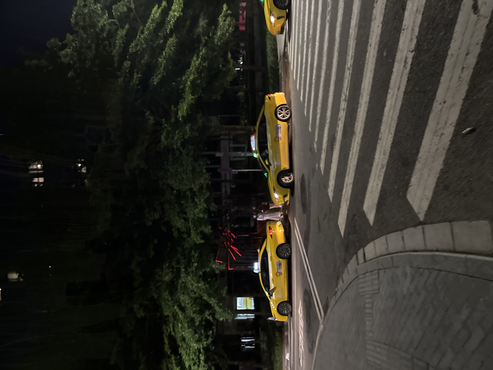 The image shows a street scene at night in Haizhu District, China. The foreground is dominated by a pedestrian crossing, with its white stripes clearly visible on the dark asphalt. To the right of the crossing, there is a sidewalk paved with gray bricks.
Several yellow taxis are parked or driving along the street. The closest taxi is a bright yellow sedan, with its passenger door open and a person, possibly a driver or passenger, visible inside. The taxi has writing on its side, but it is difficult to read clearly. Further down the street, another yellow taxi is visible, and partially visible is a third taxi at the very top of the image.
Trees with dark green foliage line the left side of the street, creating a dense canopy. In the background, there are buildings with illuminated windows, suggesting an urban environment. Some red lights are visible among the trees, possibly from signage or streetlights. The overall atmosphere is that of a typical night in a Chinese city, with the yellow taxis and pedestrian crossing being prominent visual elements. The time of day is clearly night, and the weather appears to be clear.