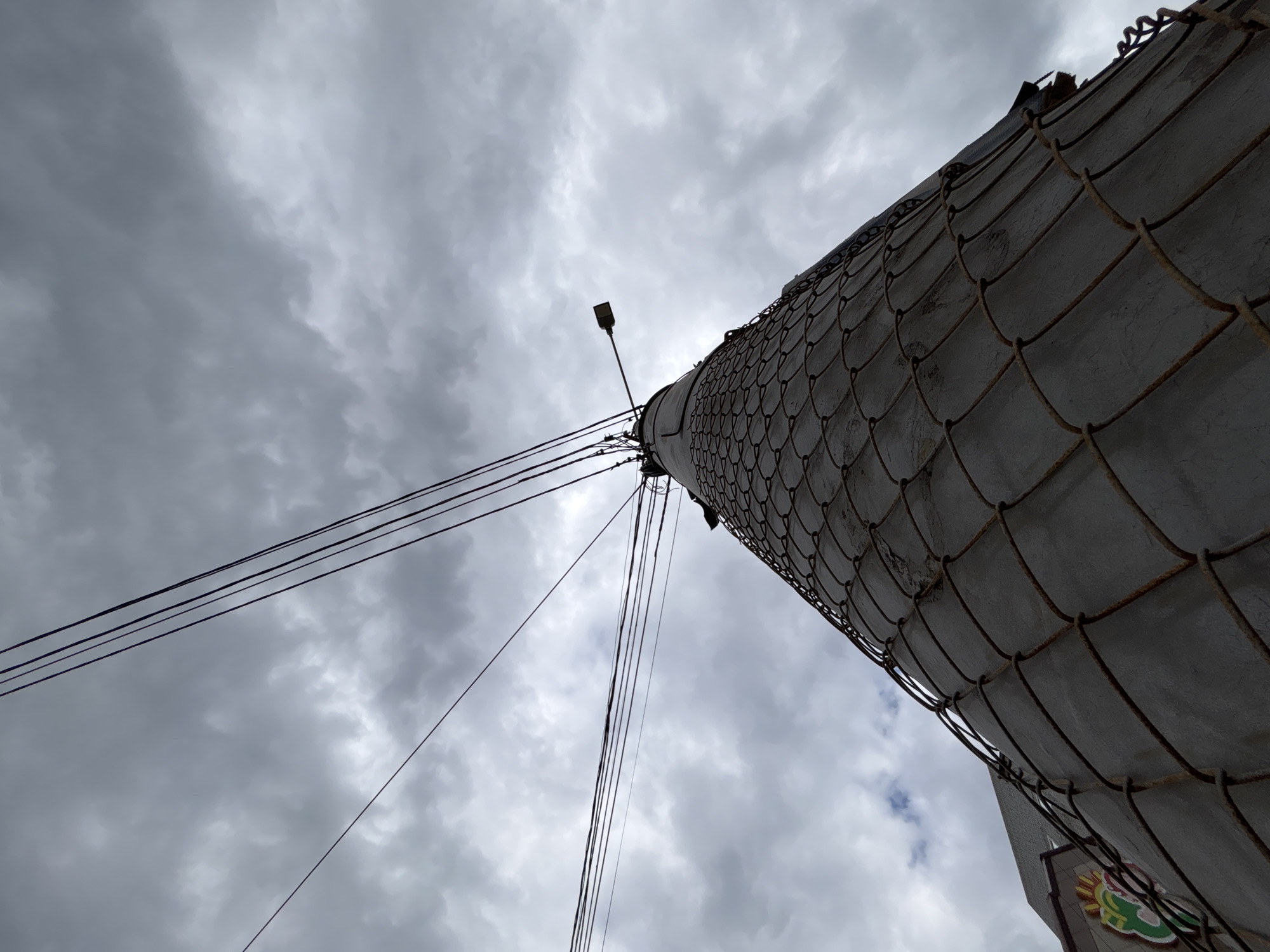 The image, taken from a low angle looking upwards, shows a concrete utility pole covered in rusted chain-link fencing. The pole is topped with numerous electrical wires and a single street lamp. In the background, a building with a colorful emblem is visible to the left, and the sky is filled with heavy, grey clouds. This scene is located in Blagoveshchensk, Russia.