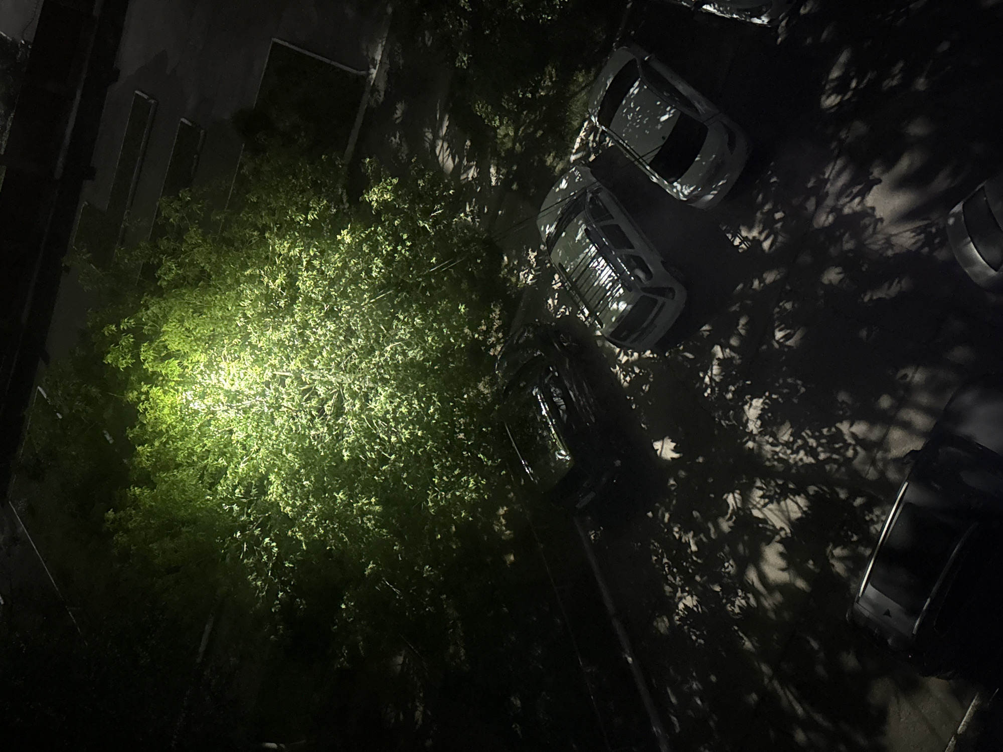 An overhead drone shot captures a nighttime scene in an urban residential area, likely a courtyard or parking lot. The image is dominated by the dark hues of night, dramatically illuminated by a bright, overhead light source casting a vibrant green glow on a dense tree canopy. The light creates stark contrasts and deep shadows, which are further emphasized by the dappled patterns of leaves falling on the ground and vehicles.
Several cars are parked in designated spots. Closest to the bottom of the frame, a dark-colored sedan is parked. To its right, a lighter-colored sedan is parked, its roof rack visible. Further up and to the left, a darker sedan is parked, and to the right of that, a white minivan or SUV is parked. The trees cast long, distorted shadows across the asphalt and the vehicles. The surrounding environment appears to be a paved area, possibly a parking lot, with hints of grass or planters visible in the background, along with the edge of a building. The scene is static, with no people or discernible activity other than the ambient lighting and the shadows cast by the trees.
