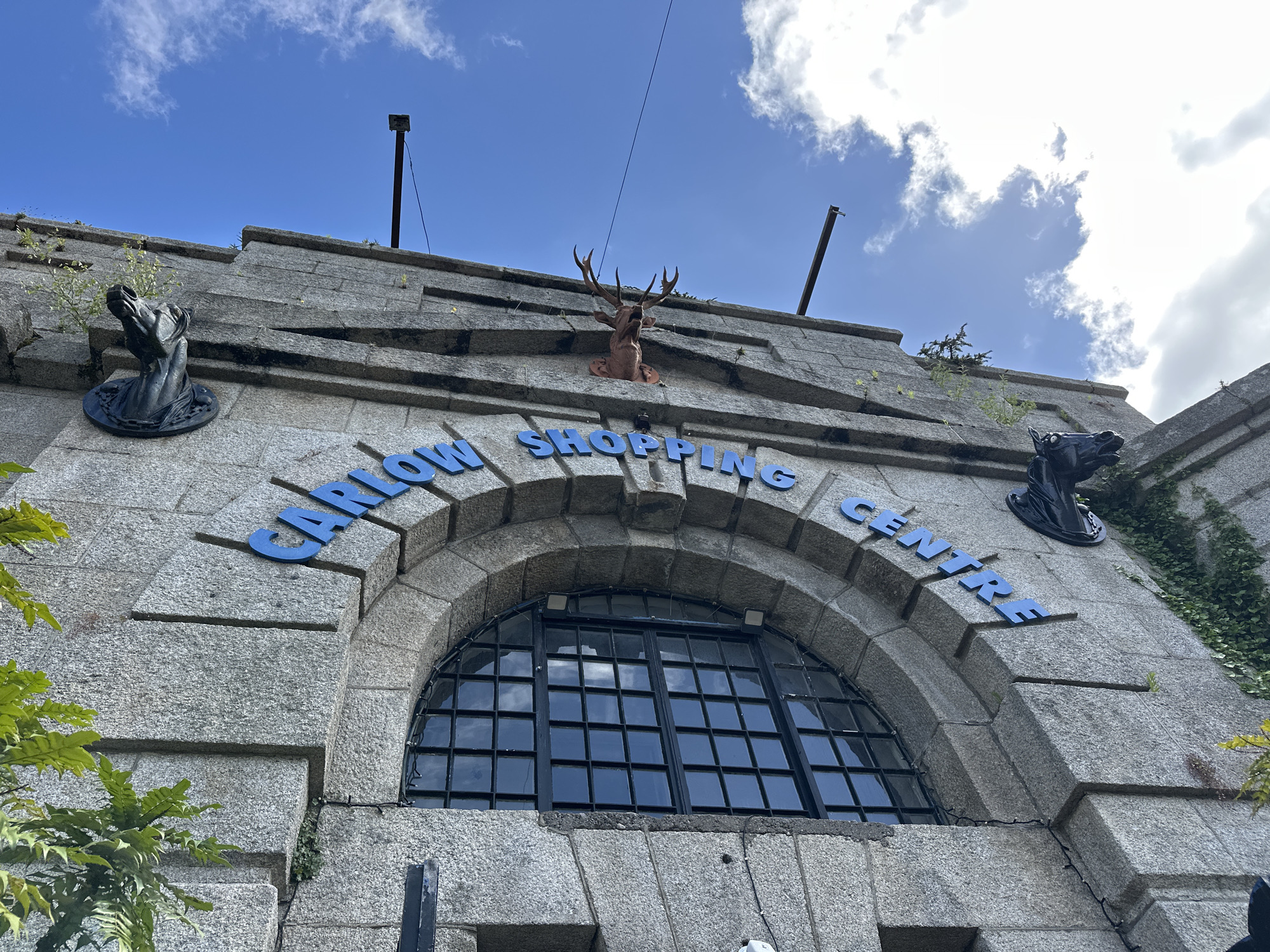 A close-up, tilted shot focuses on the facade of a building in Carlow, Ireland. The building is constructed of large, grey granite blocks with a rough texture. Blue lettering spells out "CARLOW SHOPPING CENTRE" in an arc above a large, arched window with dark panes. The window is framed by the same granite blocks, with decorative stone elements. Above the window, on the building's exterior, are two black, ornate gargoyle-like sculptures, one of which is partially obscured by foliage. To the right of the window, a bronze sculpture of a deer's head with antlers protrudes from the building. Green vines creep up the side of the building in various places. The sky is blue with scattered white clouds. A thin metal pole extends from the top right of the building.