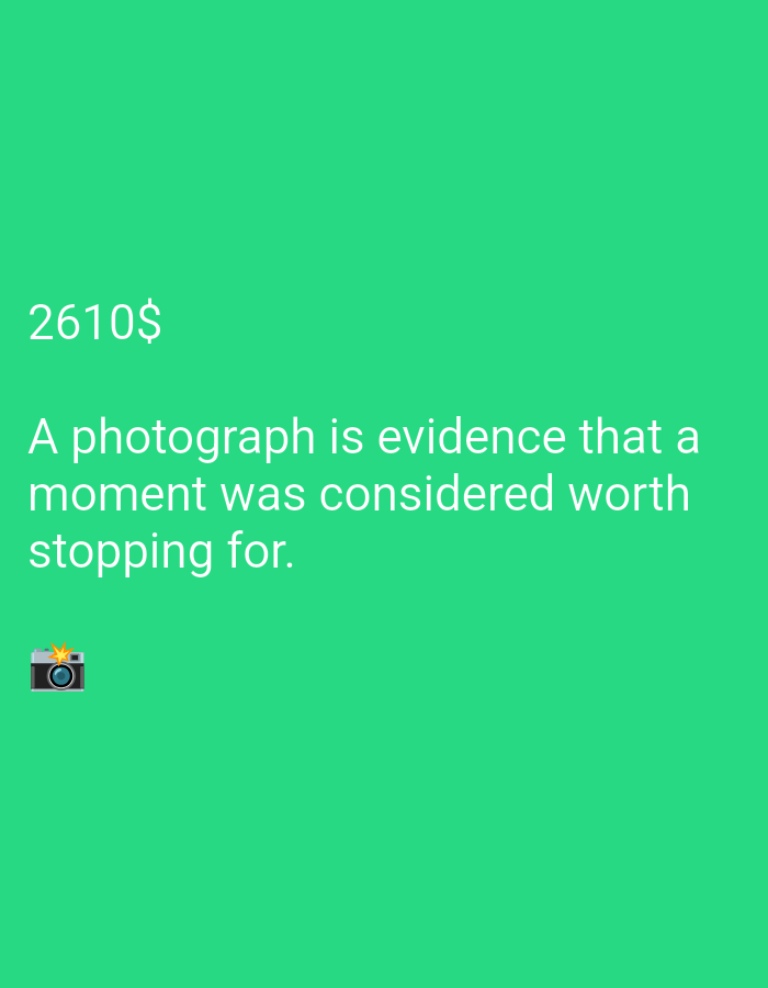 A photograph displays the text "2610$" and "A photograph is evidence that a moment was considered worth stopping for." followed by a camera emoji. The background is a solid bright green. There are no discernible geographical markers or indications of a specific city or location within the image.