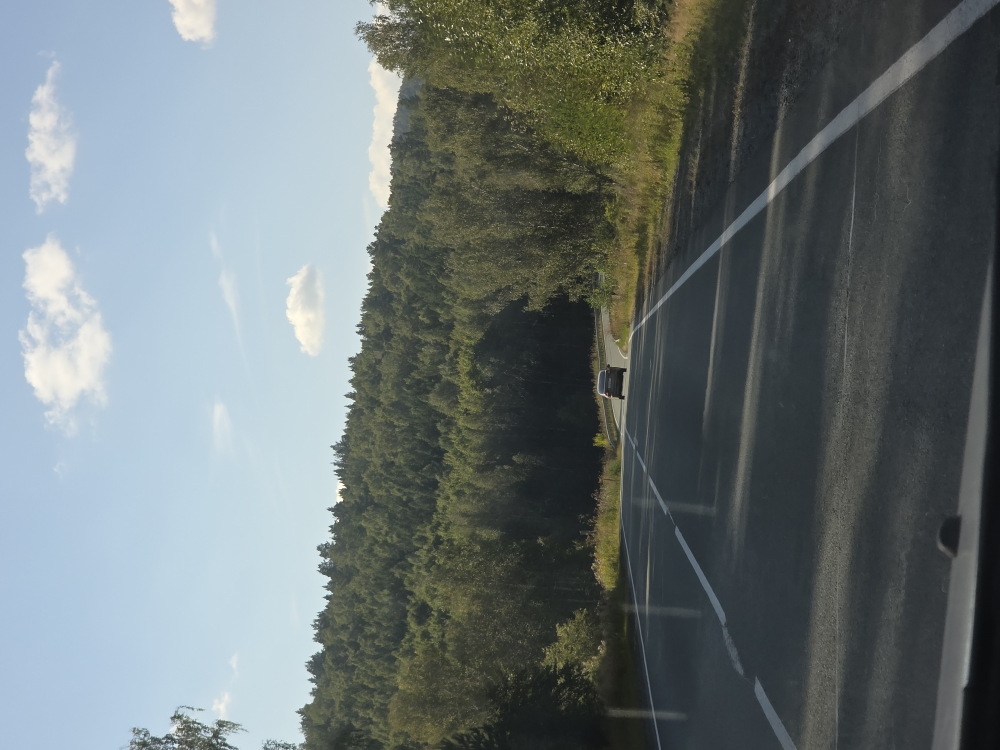 The image shows a view from a moving vehicle on a paved road with white lane markings. The road curves to the right as it passes through a densely forested area with rolling hills. The trees are lush green, suggesting it is summertime. The sky is blue with scattered white clouds. A dark-colored car is visible on the road ahead, heading in the same direction. The immediate foreground shows the dashboard or windshield frame of the vehicle from which the photo is taken. The overall scene depicts a scenic drive through a natural landscape in Novoandreevka, Russia.