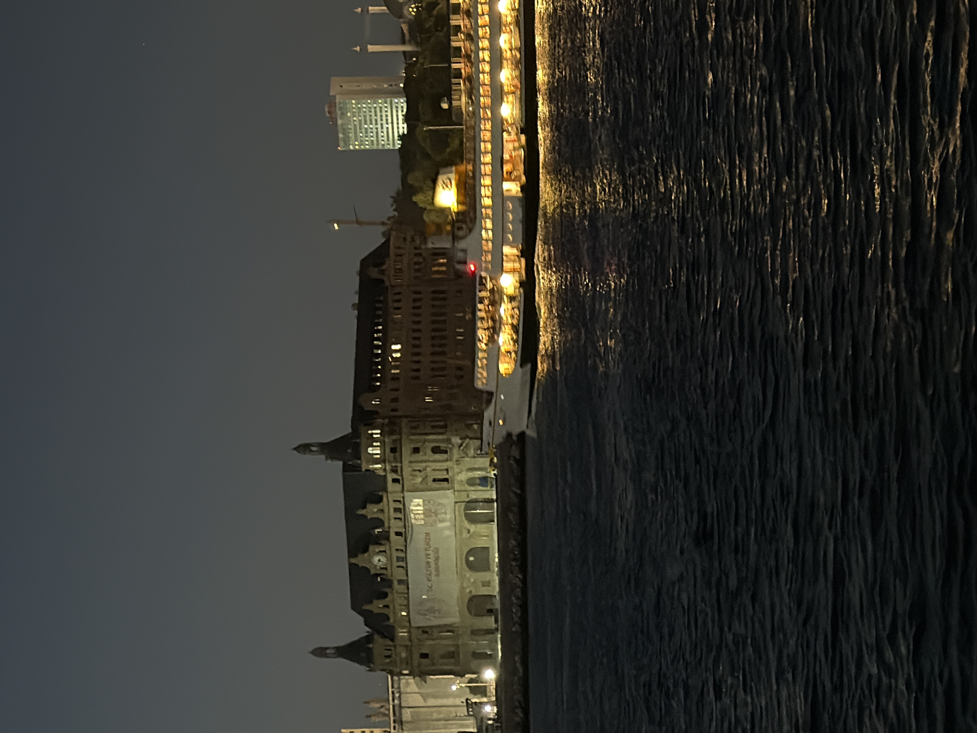 This is a nighttime, eye-level, medium shot of the Haydarpaşa Terminal building in Kadıköy, Istanbul, Turkey, seen from across the Bosphorus. The historic train station, illuminated by lights, features a prominent clock and arched windows. A large banner is draped across the building's facade. In front of the station, a ferryboat with illuminated windows travels on the dark water. The water reflects the lights from the ferry and the shore. In the background, a modern, tall building with lights on is visible, along with the silhouette of a minaret. The sky is dark and clear, with no visible stars. The overall scene depicts a waterfront cityscape at night.