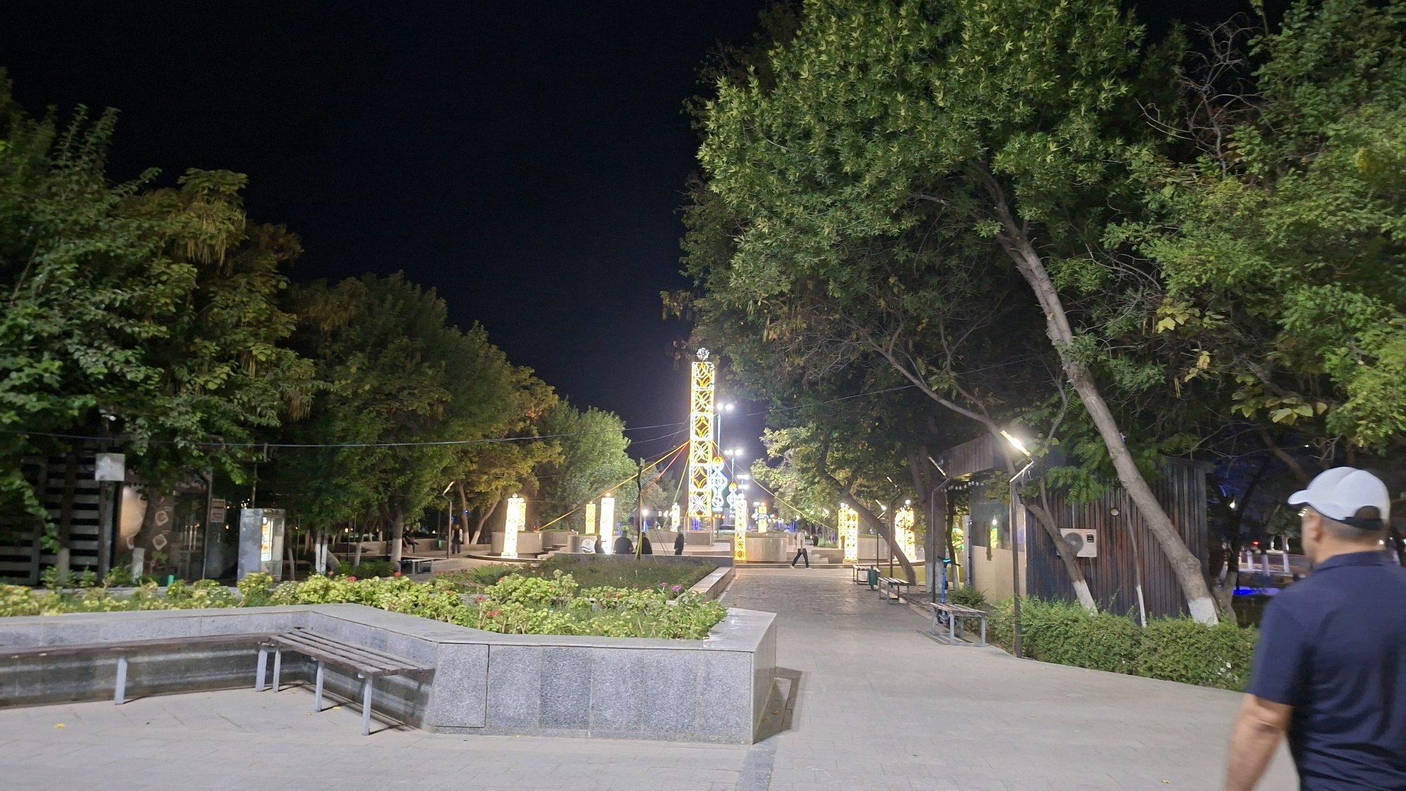 The image shows a pedestrian walkway in a park at night. The walkway is paved and lined with trees on both sides. In the foreground, there is a flower bed with green foliage and some red flowers. There are also benches along the walkway. In the distance, there are tall, decorative light poles with intricate designs, illuminated with yellow and blue lights. A man wearing a dark blue polo shirt and a white baseball cap is walking away from the camera, down the walkway. The park appears to be decorated for a festive occasion, possibly a holiday. The overall impression is one of a pleasant evening atmosphere. The location is identified as Navoiy City, Uzbekistan.