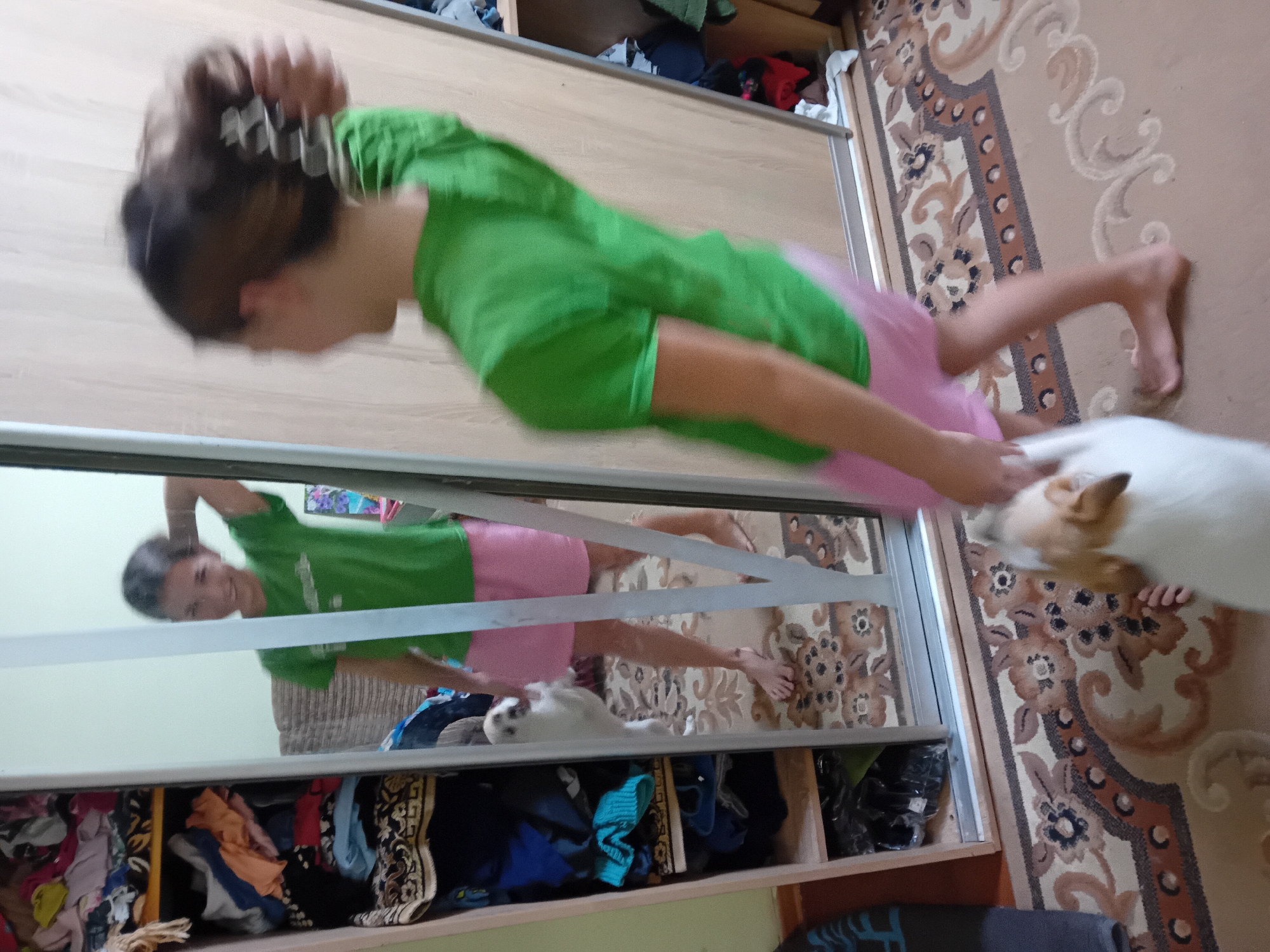 In a room, a young girl with brown hair, wearing a green t-shirt and pink shorts, is seen from behind as she adjusts her hair in a mirror. A small white and tan dog stands in front of her, looking up. The room has a large wardrobe with mirrored doors on the right, revealing the girl's reflection and a closet filled with clothes on the left. A patterned rug covers the floor. The scene is an indoor residential environment.