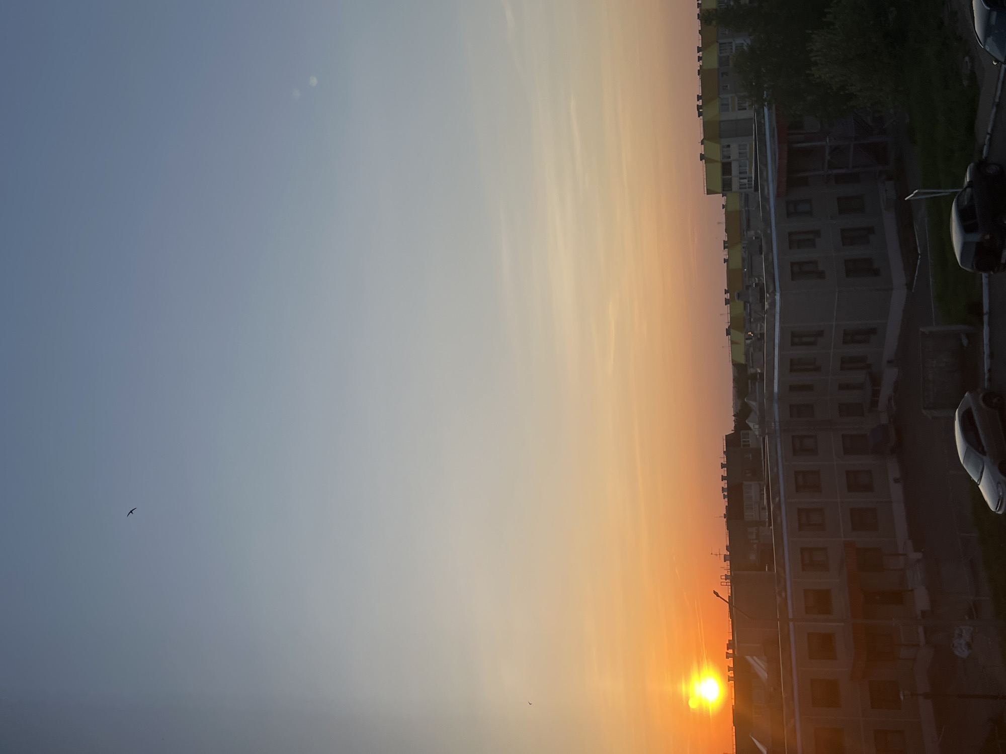 The image shows a sunset over a city, with the sun visible at the bottom. A bird is flying in the upper left. Buildings are visible on the right, including residential apartments and possibly a parking lot with cars. The sky transitions from blue to orange as it approaches the horizon. The location may be in Марковский, Russia, as mentioned in the prompt.