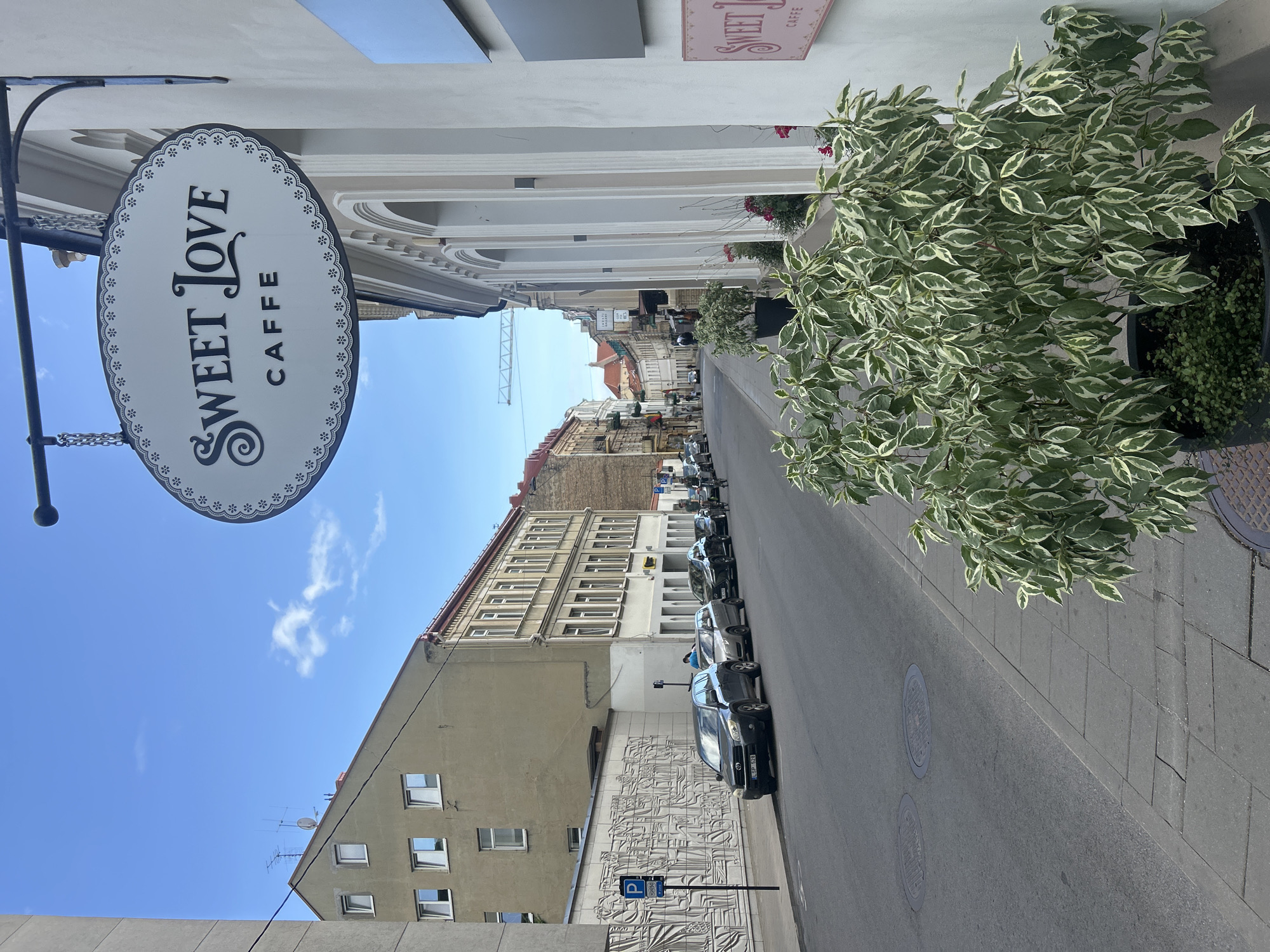 The image shows a street scene in Vilnius, Lithuania. In the foreground, a potted plant with variegated green and white leaves is visible on the right side of the frame. To the left, a sidewalk with a pattern of grey concrete pavers lines the street. The street itself is paved with asphalt and has two manhole covers.
In the middle ground, a row of parked cars are visible along the side of the street. A blue sign with a white "P" indicates parking. Further down the street, more cars and pedestrians can be seen. Buildings line both sides of the street, with architectural styles varying from modern to older European designs.
A prominent oval sign with ornate black lettering hangs from chains on the right side of the frame. It reads "SWEET LOVE CAFFE". Another smaller sign with the same text is partially visible on the building below. The sky above is blue with a few scattered white clouds. The overall impression is a view of a bustling city street on a clear day.
