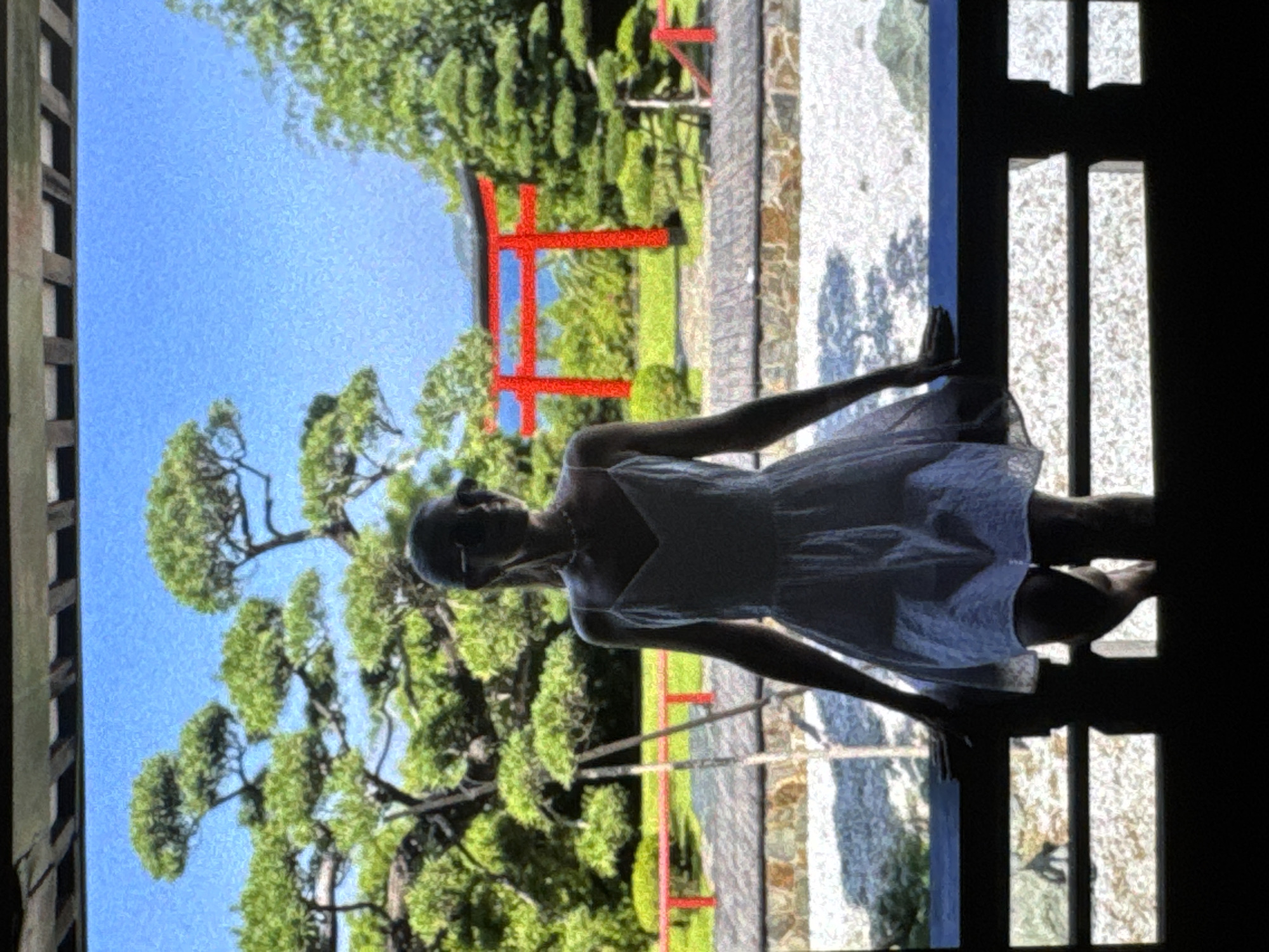 A woman in a white dress stands in a doorway with a traditional Japanese garden visible through it. The garden features manicured trees, a stone path, and a red torii gate. The location is in an unknown city.