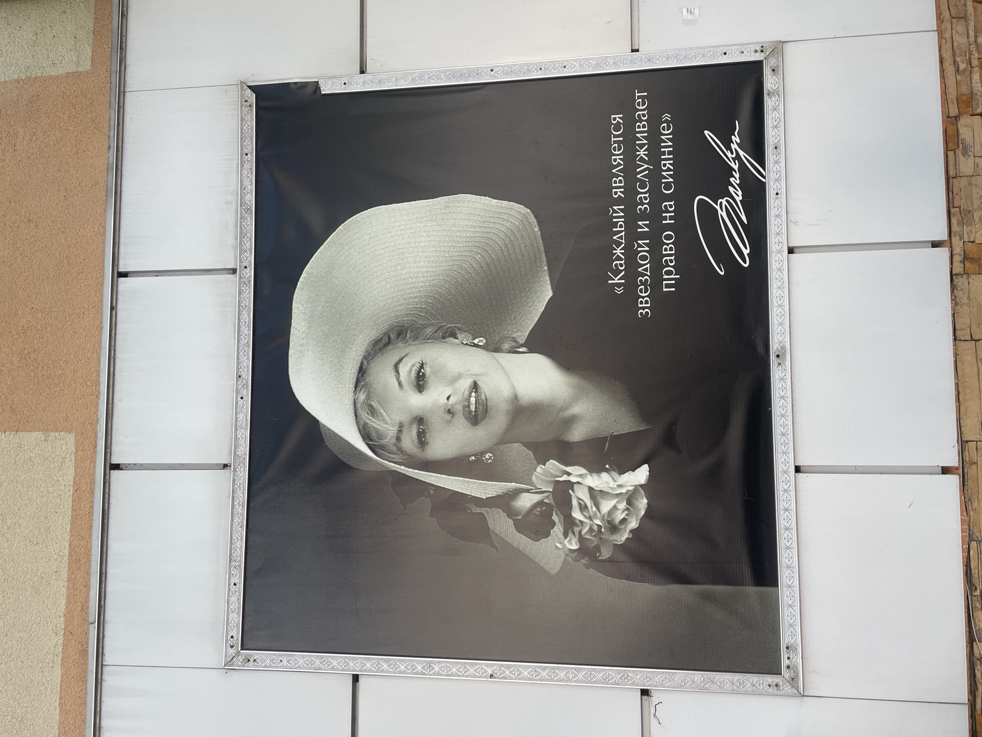 This image captures a black and white poster of Marilyn Monroe, displayed outdoors on a building wall in Sochi, Russia. The poster is oriented vertically, featuring a headshot of Monroe against a dark background. She is depicted wearing a light-colored, wide-brimmed straw hat and a dark garment, holding a rose to her left. Monroe looks directly at the viewer with a slight smile.
To the right of her portrait, a quote is written in white Cyrillic text: "«Каждый является звездой и заслуживает право на сияние»". This translates to "«Everyone is a star and deserves the right to shine»". Below the quote, a distinctive signature resembling "Marilyn Monroe" is also visible in white.
The poster is encased in a decorative silver-colored frame with an intricate repeating pattern. It is mounted on a wall composed of white, rectangular panels, with a textured, light brown surface visible to the left. The visible mounting hardware suggests it is a permanent or semi-permanent fixture.