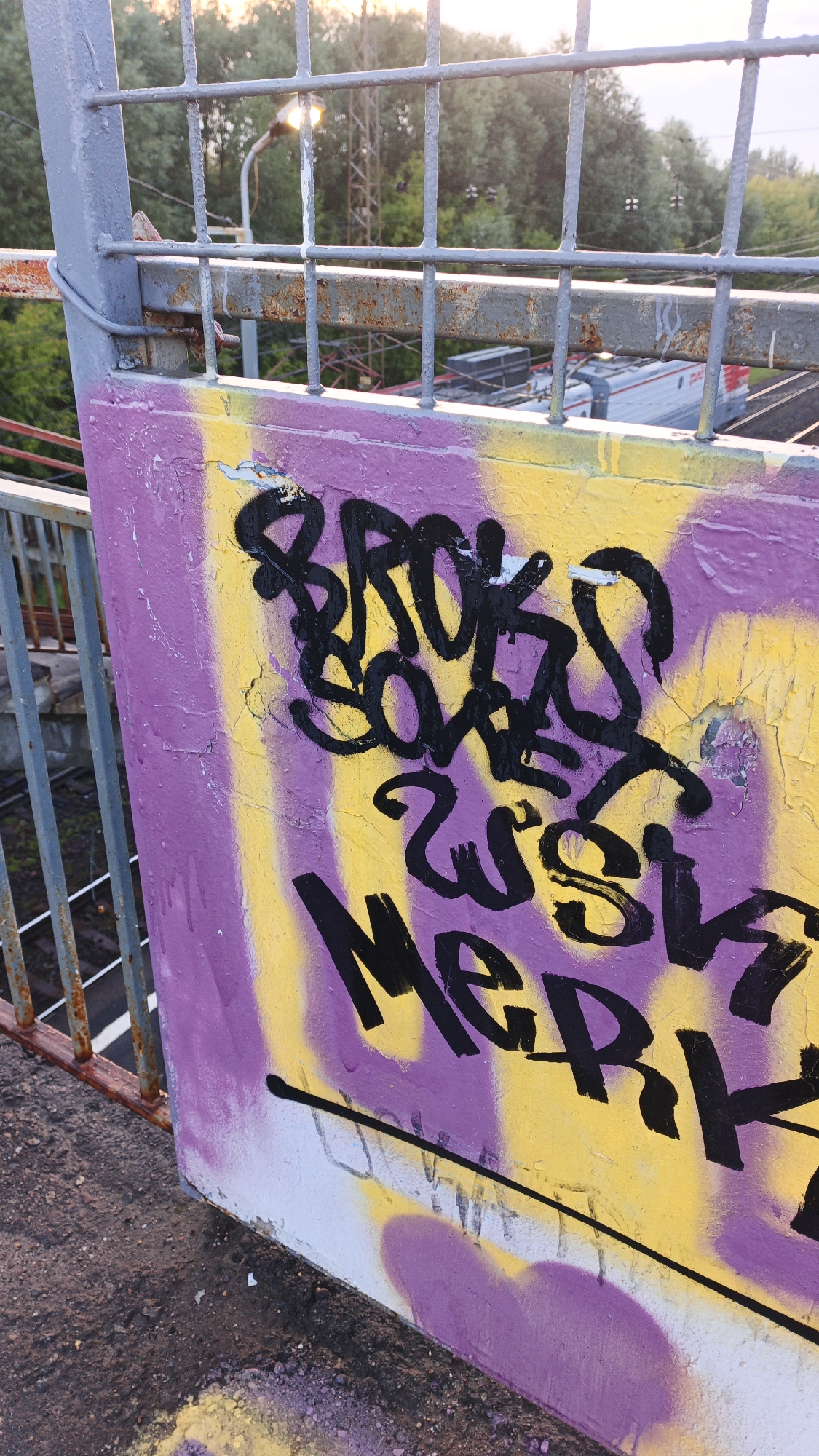 The image shows a close-up of graffiti on a concrete barrier, likely part of an overpass or bridge in Drezna, Russia. The graffiti features bold black lettering in a stylized font against a background of purple and yellow spray paint. The words "BROKEN LOVE" are clearly visible at the top, followed by what appears to be "ZWISCH" and "MERK" below. The concrete barrier is weathered and cracked, with some areas of rust visible on the metal railing above. In the background, trees and a utility pole with a lamp are visible, suggesting an outdoor urban or semi-urban environment. A train is partially visible in the distance. The lighting indicates it is daytime, possibly late afternoon due to the warm tone of the light.