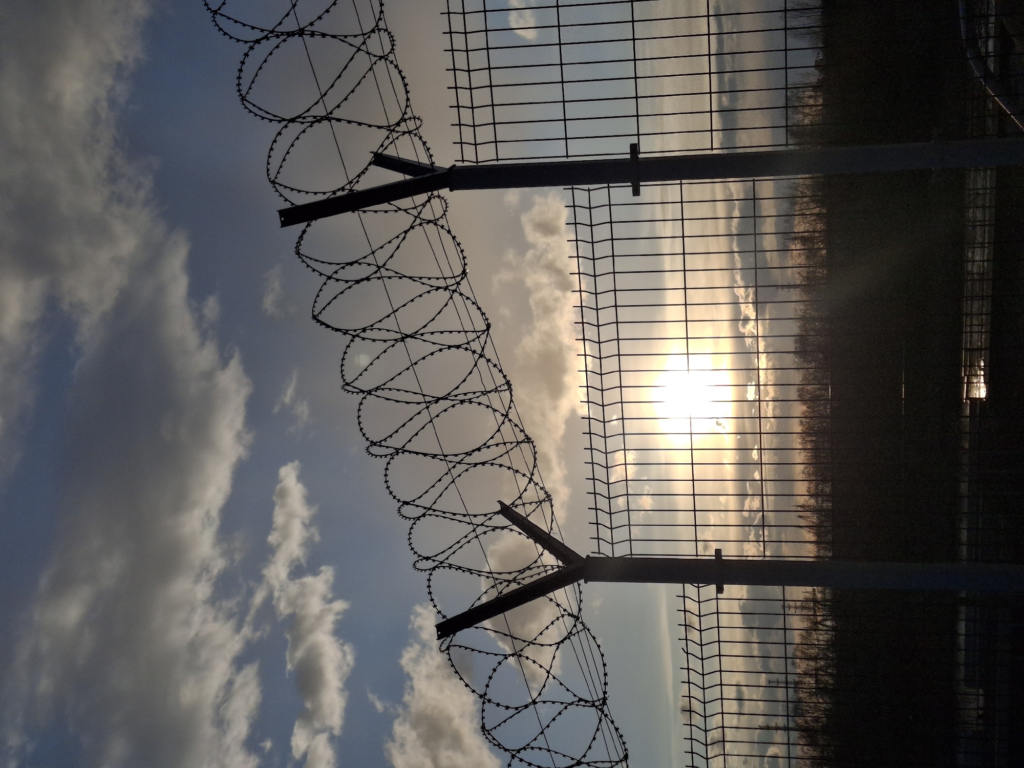 The image displays a security fence, featuring both wire mesh and coiled razor wire, silhouetted against a dramatic sky at what appears to be either sunrise or sunset. The scene is set outdoors, likely in Chaikovsky, Russia, depicting a boundary or restricted area.
The primary subjects are the two types of fencing. On the left and extending across the top, thick coils of razor wire are prominently displayed, attached to dark, angled support posts. Below this, a standard wire mesh fence with a grid pattern runs horizontally across the frame. Both the razor wire and the mesh fence, along with their support structures, are rendered in dark silhouette due to the strong backlighting.
The background is dominated by the sky. On the left, scattered cumulus clouds, varying in shades of white and grey, are set against a blue-grey sky. On the right, a powerful and intense light source, likely the low sun, is visible through the wire mesh, casting a bright golden-orange glow that illuminates nearby clouds and the horizon. This bright light creates a strong contrast with the dark foreground elements.
Beyond the fence on the right, a darker, indistinct landscape can be seen, heavily silhouetted. It appears to be an area with trees or dense foliage. There are no people visible in the image, nor is there any discernible activity taking place, as it's a static landscape shot. The notable details include the striking contrast between light and shadow, the formidable nature of the razor wire, and the serene yet imposing atmosphere created by the time of day. No visible text is present in the media file.