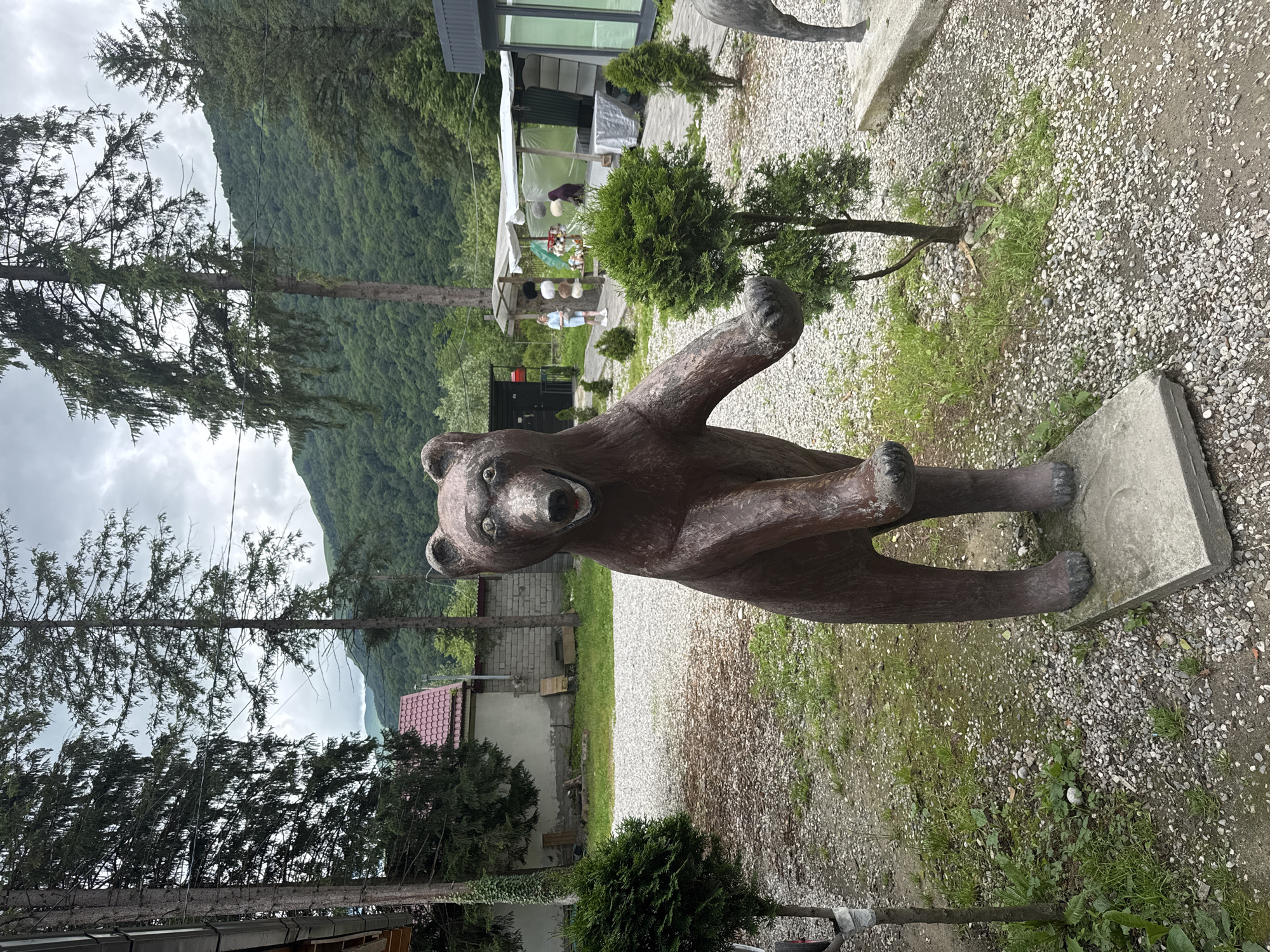 The image shows a wooden statue of a bear standing upright in an outdoor setting. The bear statue is brown and appears to be weathered. It is positioned on a concrete base, with its arms raised and its mouth open, as if roaring.
Behind the bear statue, a gravel path leads towards a building with white tents set up in front of it. People can be seen in the distance, browsing items displayed under the tents, possibly a market or souvenir stall. Small green trees and bushes are scattered around the area. In the background, a lush green, densely forested mountain slopes under a cloudy sky. The overall impression is of a rural or tourist-oriented location, possibly a park or an outdoor market. The weather appears overcast, suggesting a cool or humid day. The mountain scenery indicates a mountainous region, consistent with the provided location context of Verkhnyaya Balkariya, Russia. The time of day is not clearly discernible but the lighting suggests daytime.