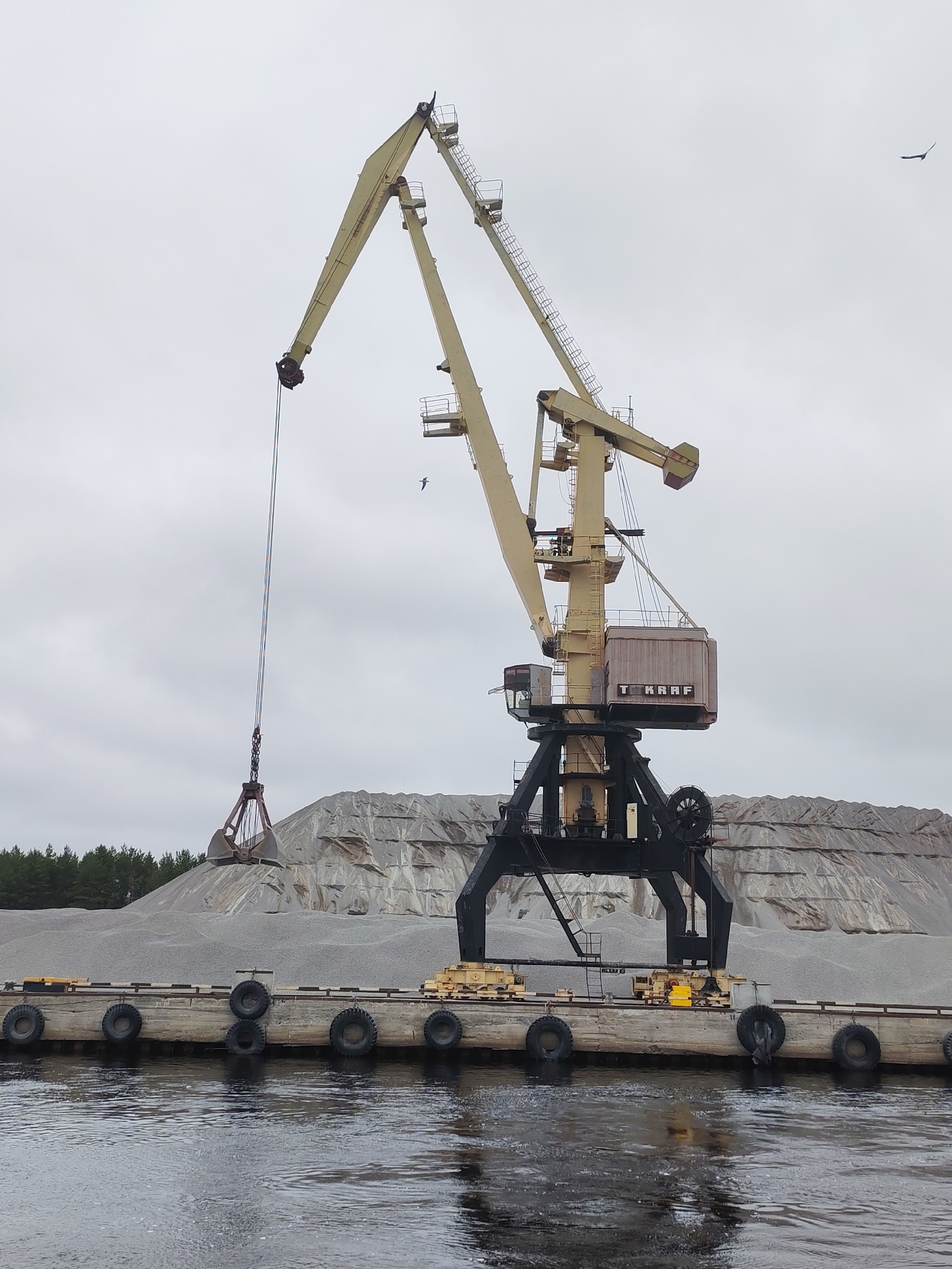 In Shalsky, Russia, a large yellow port crane stands on a concrete pier, its grab bucket suspended in the air above a pile of gravel. The crane is positioned next to a vast mound of light-colored gravel, which is terraced in layers, suggesting it has been excavated or deposited. The pier is equipped with numerous tires acting as fenders, and the water in front of it is dark and reflective. Behind the gravel pile, a dense line of dark green coniferous trees is visible. The sky is overcast with a pale gray hue, and a solitary bird is captured in flight in the upper right quadrant of the image. The overall scene depicts a working port or industrial site focused on bulk material handling.