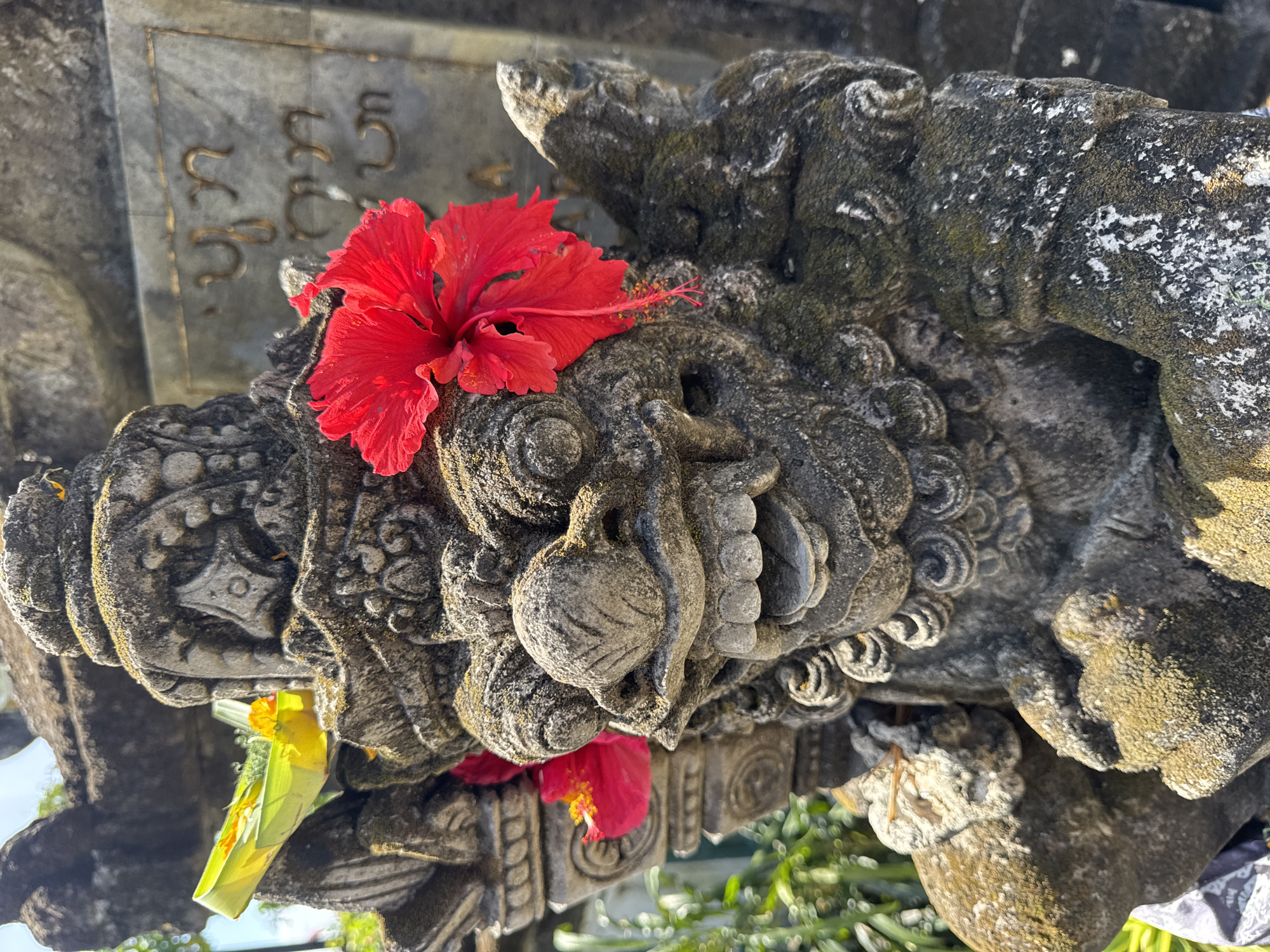The image shows a close-up of a stone sculpture, likely part of a temple structure, in Kuta Selatan, Indonesia. The sculpture is weathered and appears to be an animalistic figure, possibly a lion or dragon-like creature, with intricate carvings. A bright red hibiscus flower is placed on the head of the sculpture as an offering. A smaller red flower and a small yellow offering of what looks like some sort of ribboned grass hanging from one side can be seen as well. The background shows a blurred view of other stone structures and greenery. There are inscriptions on the structure that look like an ancient language. The overall atmosphere suggests a cultural or religious site.