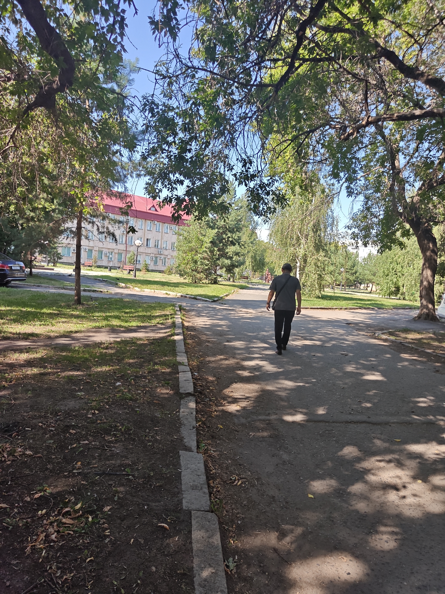 A man walks away from the camera on a paved path in a park-like setting. He is wearing a dark t-shirt and dark pants, and has a dark bag slung over his right shoulder. The path is bordered by a concrete curb and then a grassy area with some dirt and fallen leaves. Trees with green foliage cast shadows on the path. In the background, across the grass, is a multi-story building with a red roof. The building appears to be an apartment complex or administrative building and has multiple windows and air conditioning units visible. A street lamp and benches are also present in the background on the grass. A car is partially visible on the left side of the image, parked near the building. The sky is clear and blue. The scene is consistent with an outdoor area in the city of Petropavl, Kazakhstan, likely a residential or public space with green areas and buildings.