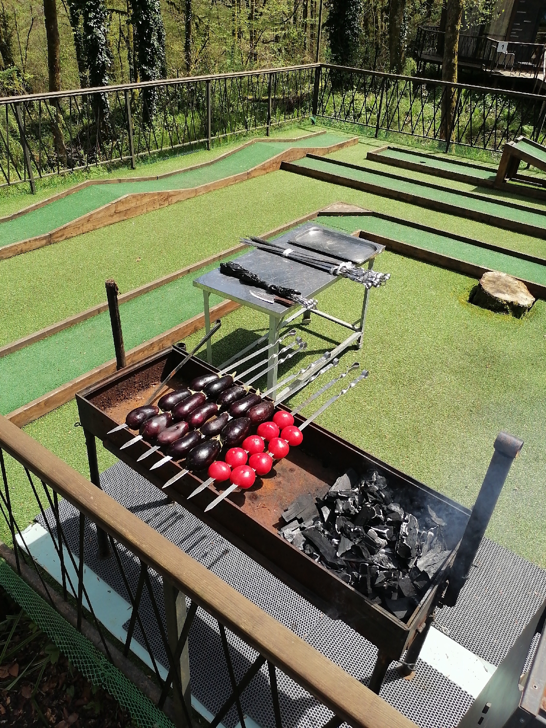 The image depicts an elevated outdoor recreational area, likely in Medoveevka, Russia, on a bright, sunny day. In the foreground, a large, rectangular metal barbecue grill holds dark charcoal, with a wisp of smoke rising from the right side. Several metal skewers are placed over the grill, laden with a mix of whole, deep purple eggplants and bright red, spherical vegetables, possibly tomatoes or small peppers, arranged for cooking.
To the left of the grill, a metal table provides a staging area, holding additional metal skewers, a black folded umbrella, and a metal tray. The immediate ground beneath the grilling setup is covered with a dark grey, perforated matting. A dark metal railing with a wooden top rail runs across the bottom and left side of the frame, indicating a viewing or dining platform.
Beyond the railing and grill, the ground is covered in artificial green turf, creating a manicured appearance. Several winding lanes of a mini-golf course, outlined with wooden borders, are visible, stretching across the middle ground. A small tree stump rests on the turf to the right. The background is dominated by a dense, lush green forest with numerous tall trees, suggesting a natural and secluded setting. Faintly visible through the trees on the far right is a glimpse of a wooden structure or cabin. The scene evokes a sense of leisure and outdoor dining in a natural, resort-like environment. No discernible text is visible.