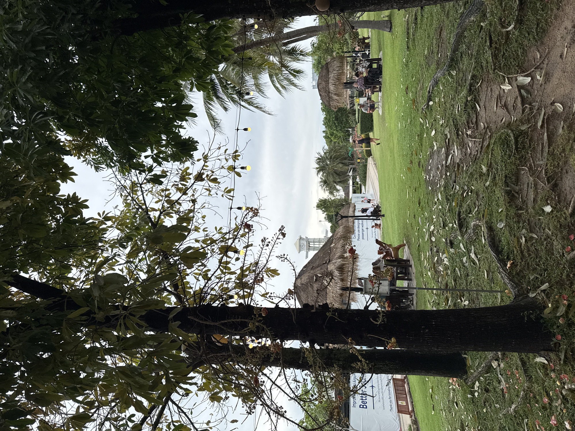 This is an outdoor scene, seemingly set in a public space in บ้านบางรักษ์, Thailand. The image captures a view framed by trees, one with hanging string lights. A grassy area is visible, hosting several thatched-roof structures that appear to be outdoor seating areas for people.
The area seems to be populated, with people seated at tables under the thatched roofs and others walking around. Nearer to the viewer, a sign is partially visible reading "Improve Airport Better Journey," with a note thanking people for traveling. A clock tower is visible in the background. The scene suggests a relaxed, public setting, possibly near an airport or public transportation hub.