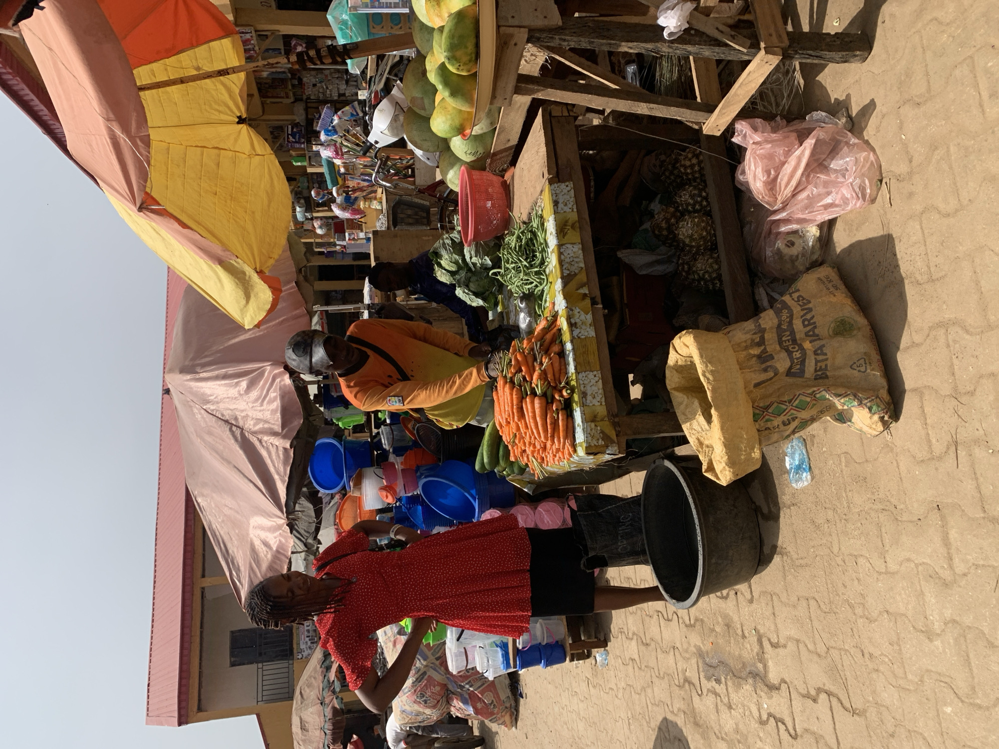 The image captures a vibrant outdoor market scene in Kafanchan B, Nigeria, under clear, bright daytime conditions. The scene is bustling with activity, featuring several market stalls and individuals.
In the foreground, a woman wearing a red polka dot dress and a black skirt stands near a stall laden with various goods. Further into the market, two men are visible behind different stalls. One man, in an orange shirt and a dark cap, is actively arranging or selling produce like bright orange carrots, green beans, and leafy green vegetables. Another man, wearing a blue shirt, is partially visible behind a separate stall.
The market stalls are constructed from wooden frames and are sheltered by large, colorful umbrellas in orange, yellow, and pink, providing shade from the sun. The stalls display a diverse range of items. One stall is abundant with fresh carrots and green vegetables. Another stall behind it holds large, round green fruits, likely watermelons or similar melons, and pineapples are visible on the ground. Additionally, a section of the market showcases various household items, including numerous plastic buckets and containers in different colors like blue, green, and pink.
The ground is a mixture of light brown, unpaved earth and paved areas with interlocking block patterns. Shadows are clearly cast, indicating strong sunlight. Several large sacks are on the ground; one is distinctly labeled "BETA HARVEST" and "20 KG." In the background, a building with a distinctive red roof can be seen under a light, clear sky. The overall atmosphere is lively, characteristic of a local market setting.