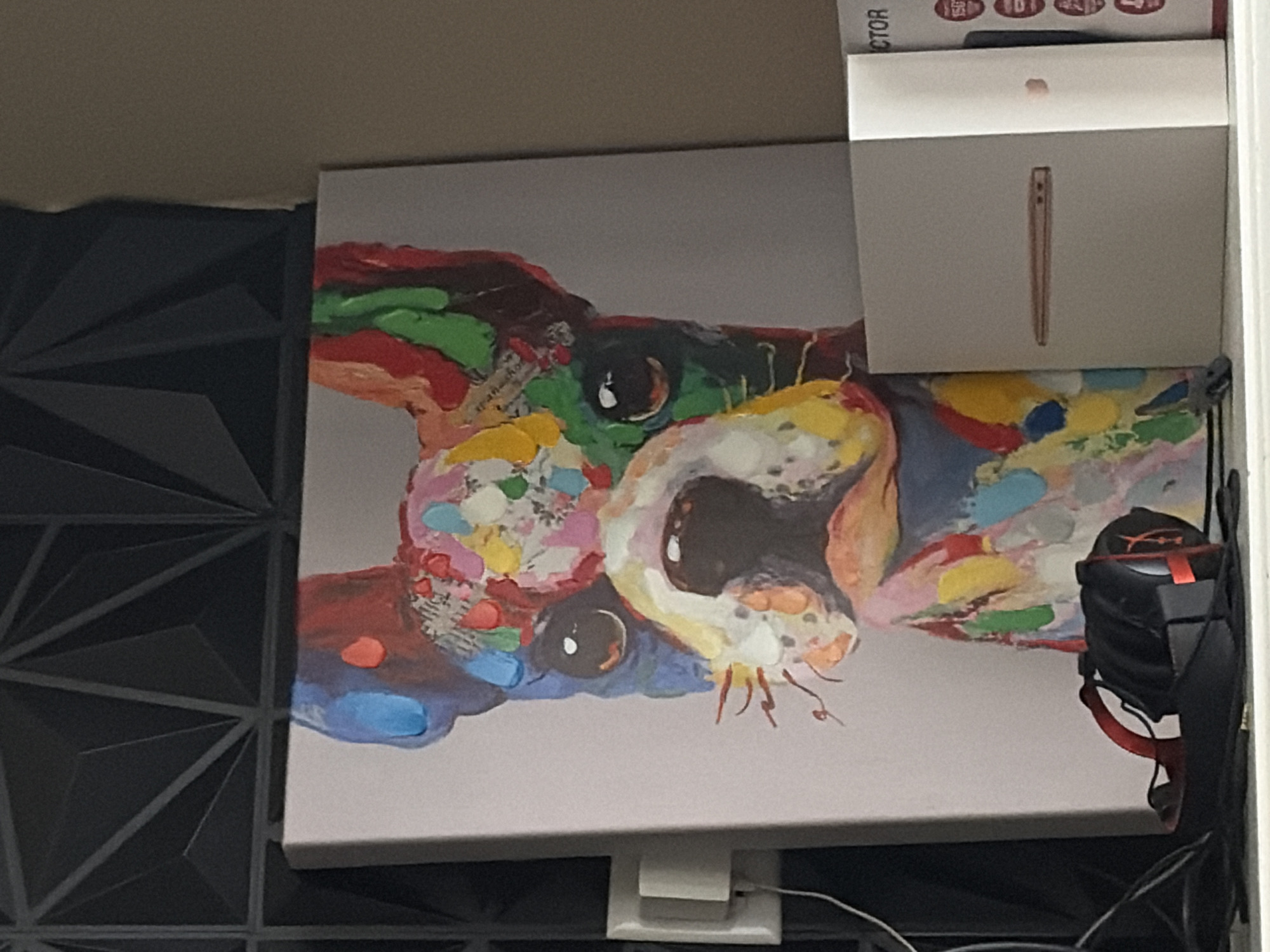 The image shows a room interior. On the left, there's a dark wall panel with a triangular, geometric pattern. To the right is a canvas print of a dog's face depicted in a colorful, abstract style. Partially obscuring the upper right of the canvas is a white box, possibly a product packaging, with an image of an electronic device on its side. Hanging to the right of the canvas is a pair of black and red headphones. A white power adapter and cable are visible below the canvas. The location is Trophy Club, United States.