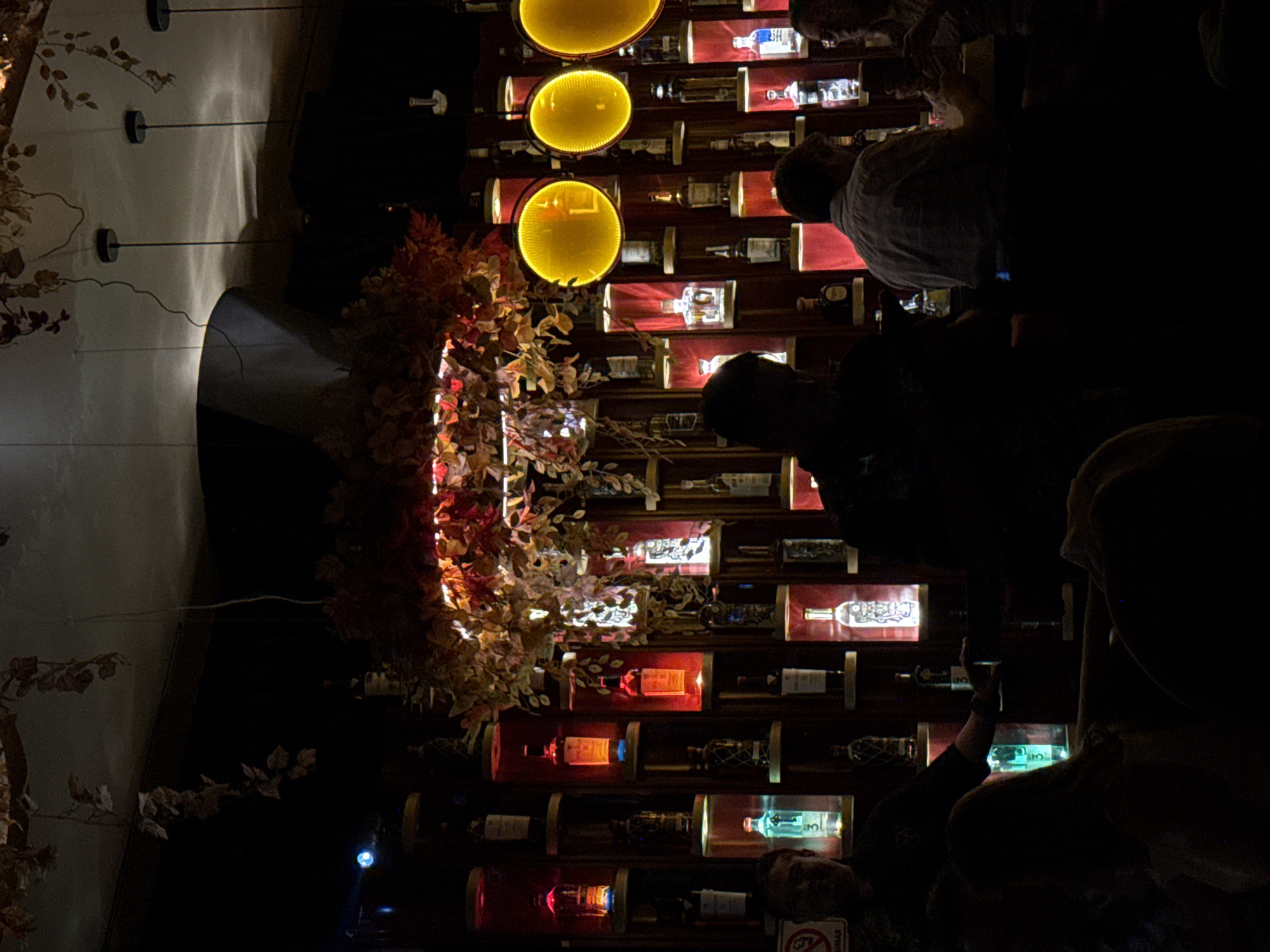 The photograph depicts a dimly lit interior, likely a bar or restaurant, located in Mexico City, Mexico. A display of illuminated liquor bottles lines a wall, framed by a decorative arrangement of autumn-colored foliage and round, glowing light fixtures. Patrons are visible in the foreground, their forms partially obscured by shadow. Individuals are seen holding mobile phones, possibly taking photographs of the illuminated display. The scene conveys a social and atmospheric environment.