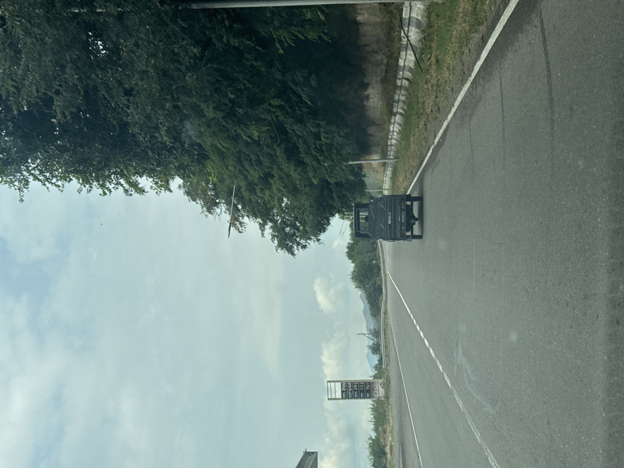 The image depicts a frontal view of a road in Rachisubani, Georgia, under a cloudy sky. A dark-colored, small utility truck is traveling away from the camera in the right lane. To the left of the road, a gas station canopy is visible, along with a price board displaying fuel costs. Further left, a line of trees and hills can be seen in the distance. The right side of the road is bordered by a concrete barrier and dense green trees. The road itself is asphalt, with white lane markings. The scene appears to be captured from a moving vehicle.