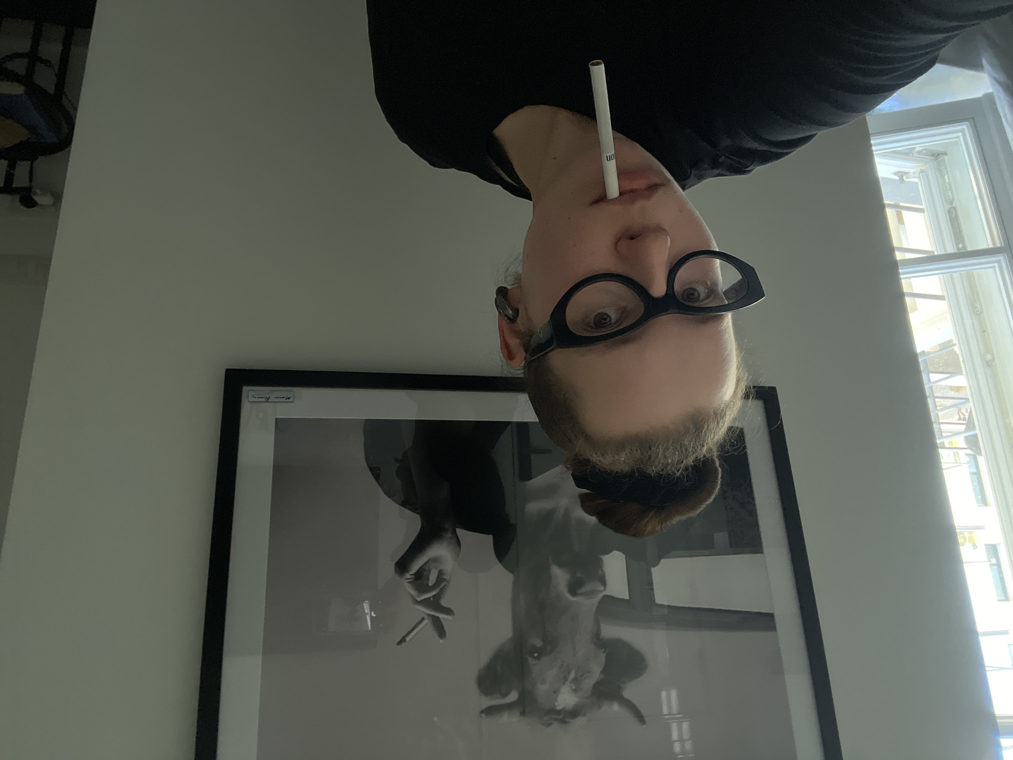The image captures an indoor scene in the city of Tel-Aviv, Israel, featuring an individual taking a selfie. A light-skinned person, appearing female, with dark hair tied in a high bun secured by a scrunchie, occupies the lower central portion of the frame. They wear black cat-eye glasses and a black long-sleeved shirt. A small dark earbud is visible in their right ear. An unlit white cigarette, with partial text "on" visible near the filter, is held horizontally between their lips.
Behind the individual, a light-colored wall serves as the background. Centered on this wall, above the person's head, hangs a large, framed black and white photograph. This artwork depicts a cow's head superimposed onto a human figure wearing a suit, with one hand holding a lit cigarette. A signature, "Mona Ricci", is visible in the lower left corner of the frame. To the left of the individual, a white-framed window is partially visible, showing an exterior urban environment with other residential-style buildings featuring windows and balconies under natural sunlight. To the far right, a dark furniture piece with a light surface is partially visible.