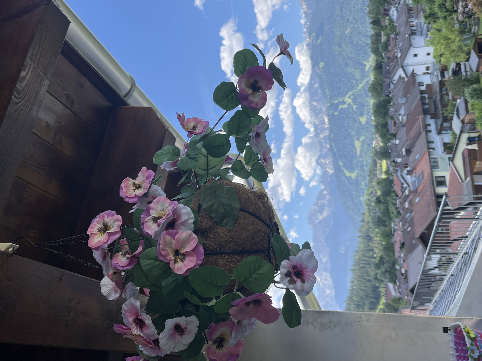 A hanging basket of artificial pink and white flowers with dark centers is suspended from a wooden overhang. The basket is made of woven natural material and is supported by a black metal frame and chain. The flowers are a mix of open and closed blooms, with several green artificial leaves. In the background, a sprawling town with red-tiled roofs and white-walled houses is visible, nestled at the base of a lush green mountain range. The mountains are rugged and snow-capped in the distance, under a clear blue sky dotted with fluffy white clouds. The scene is likely a balcony or patio in Garmisch-Partenkirchen, Germany, offering a scenic view of the Bavarian Alps. There are no people or animals present.