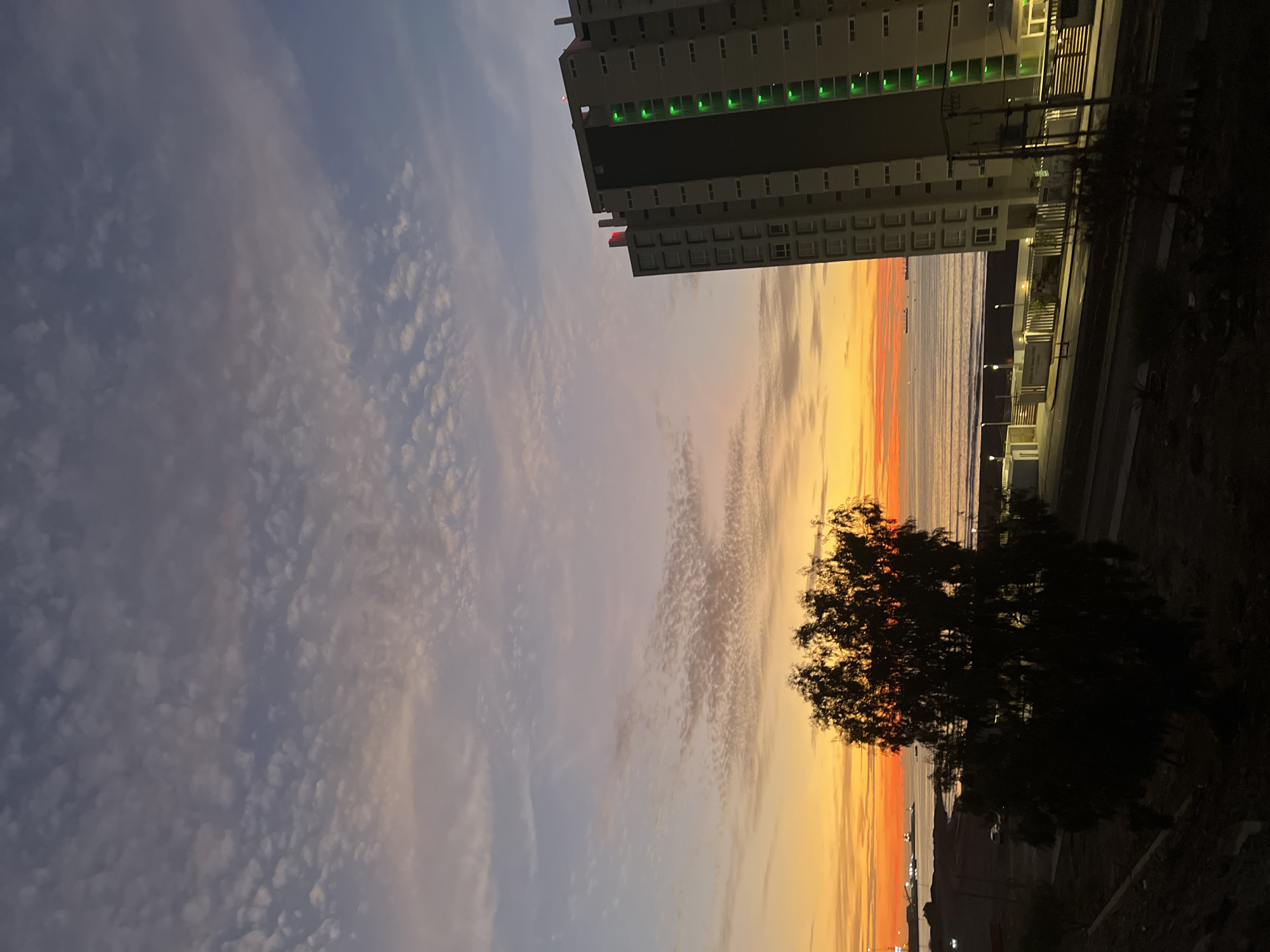 The image depicts a sunset scene in Arica, Chile. The sky displays a gradient of colors, transitioning from a light blue with scattered clouds to orange and yellow near the horizon. A tall building stands to the left, showing multiple floors and lighted windows. Green lights are visible at the top of the building. The ocean is visible between the building and a tree, with a strip of sand bordering the sea. A darkened tree is in the middle of the view and a street with streetlights borders to the right of the building.