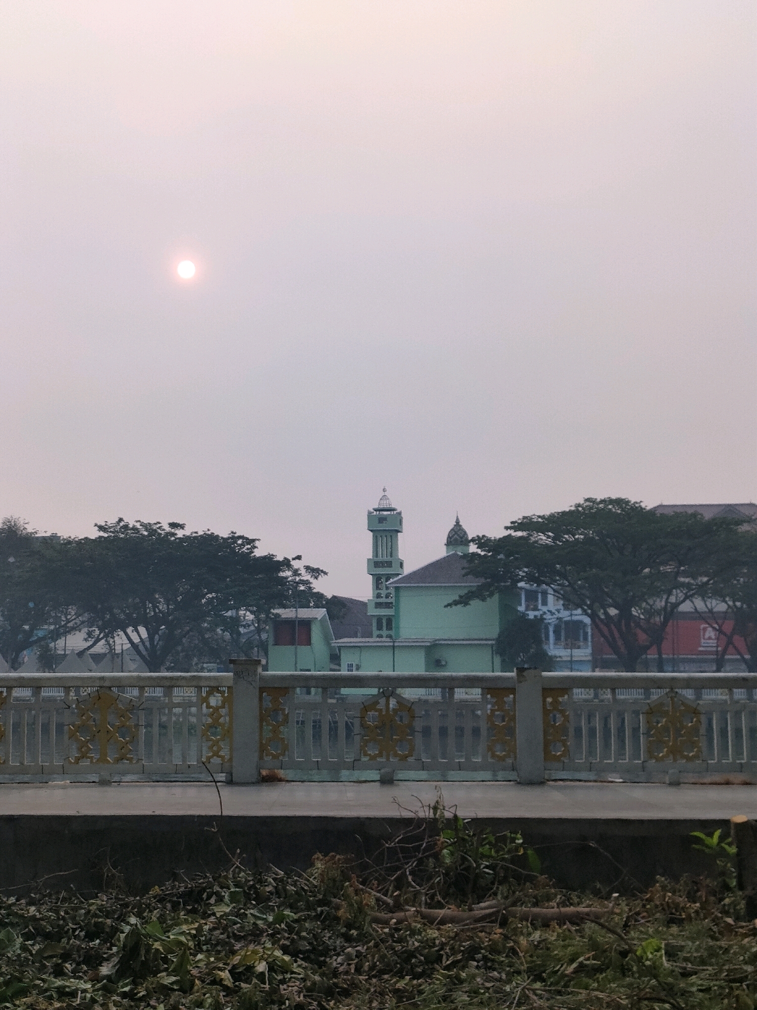 The image depicts a hazy scene, likely in Banjarmasin, Indonesia, characterized by a muted sky with a visible sun as a pale disc. In the mid-ground, a light green building with a prominent minaret stands out, suggesting a mosque or a similar religious structure. Adjacent buildings of varying heights and colors are partially visible. A line of dense trees with dark foliage stretches across the mid-ground, obscuring parts of the buildings behind them. In the foreground, a decorative railing with yellow accents separates a walkway from the area below, where piles of dried leaves and branches are visible. The overall atmosphere is subdued, possibly due to atmospheric conditions like haze or smog, common in urban Indonesian environments.