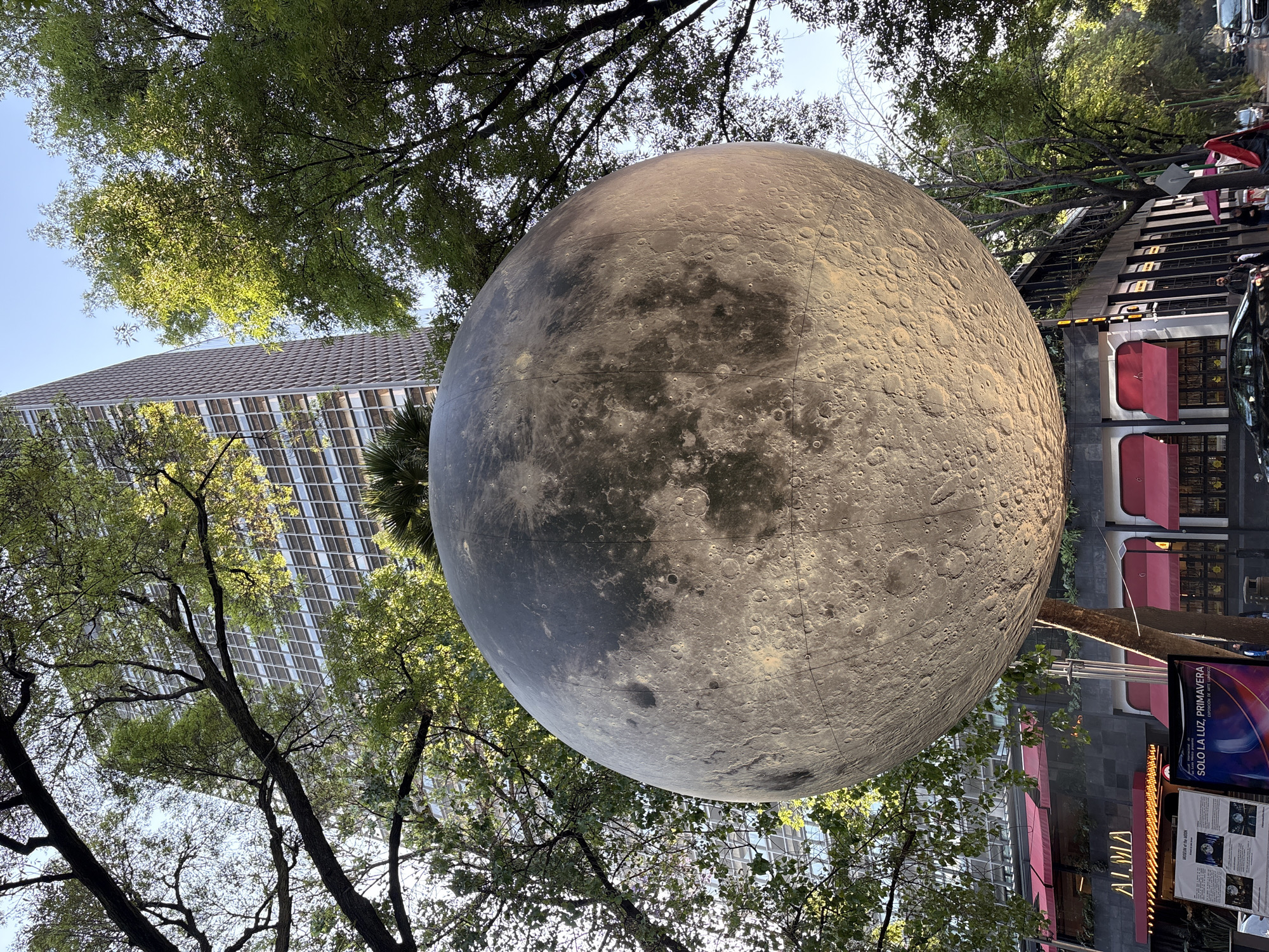 A large, spherical replica of the Moon is prominently displayed at street level in the Centro Histórico of Mexico City, Mexico. The lunar sphere, depicting craters and darker mare regions, is suspended above a street lined with trees, capturing sunlight from the right. Below the moon, a commercial building with dark walls and multiple red awnings is visible, featuring an illuminated "ALMA" sign at its entrance. Adjacent to the building, a sign identifies the exhibit as "Museum of the Moon" and mentions "Solo la Luz, Primavera". In the background, a tall, slender skyscraper with a gridded facade rises above the urban landscape and a canopy of green trees. Pedestrians are visible on the sidewalk to the lower right. The scene is located on or near Avenida Hidalgo, in the vicinity of the Museo Kaluz.