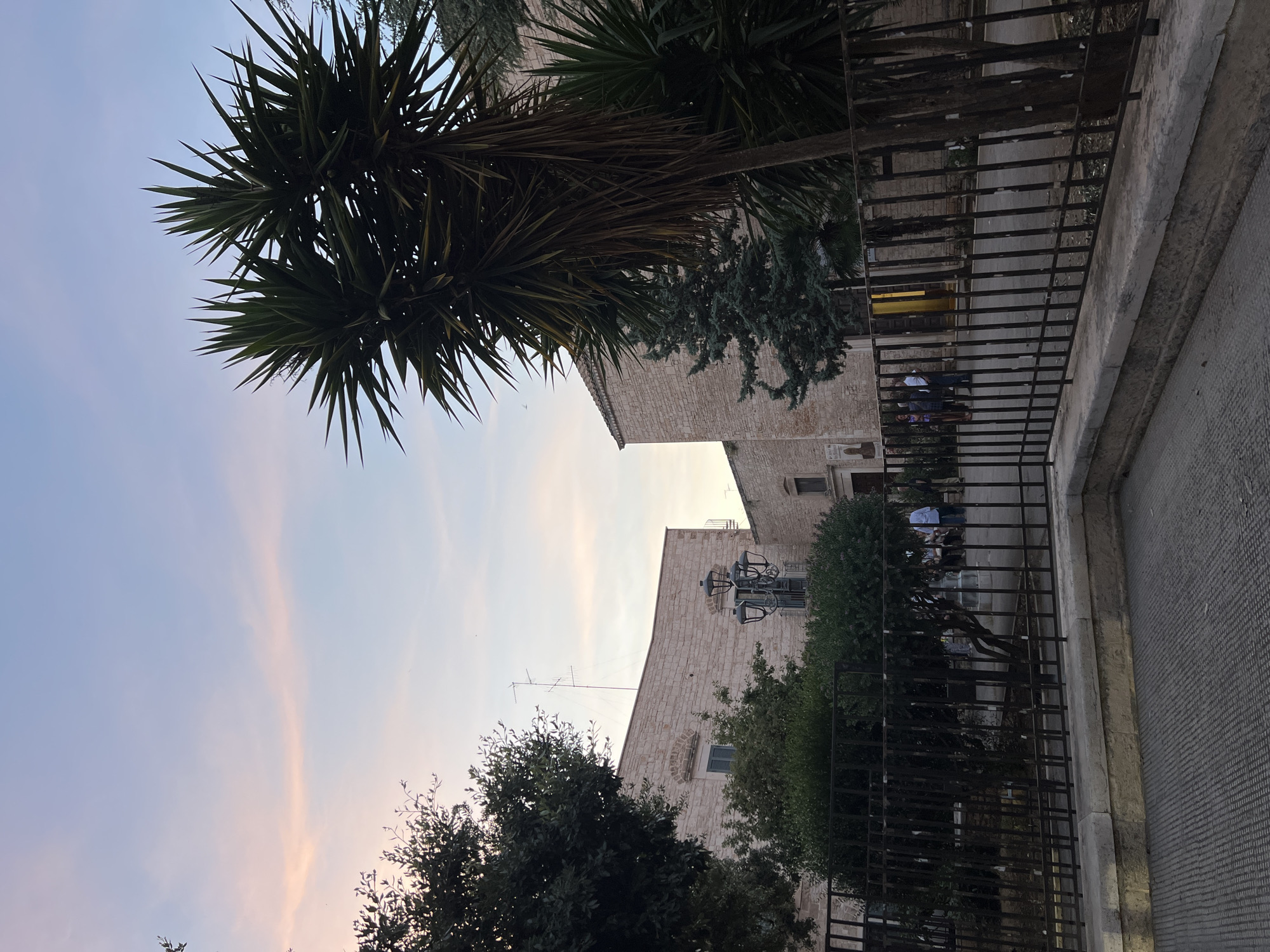 In Bitonto, Italy, at twilight, a street scene unfolds. A dark metal fence fronts a courtyard with a paved ground. Beyond the fence, lush green bushes and trees create a natural barrier. A quaint, old-fashioned lamppost stands near a building constructed of light-colored stone. The building features arched windows and a tiled roof. In the background, another stone building with a yellow doorway is visible, surrounded by foliage. The sky above is a soft blend of blue and pink, indicating the time of day. Several individuals are present in the courtyard, some appearing to converse. A tall palm tree dominates the right side of the frame, its fronds reaching towards the pastel sky.