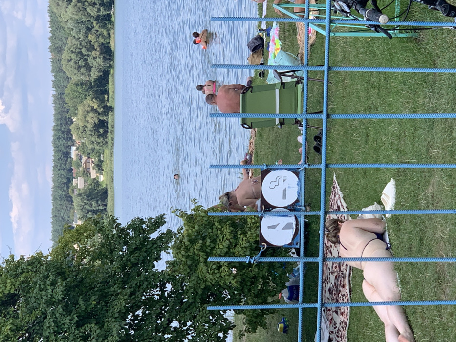The image depicts a daytime scene at a lakefront recreational area in Mykhailivka-Rubezhivka, Ukraine, viewed through a blue metal grid fence.
In the immediate foreground, a blue metal grid fence partially obscures the lower portion of the scene. Behind the fence, on green grass, a female in a dark bikini is observed lying prone on a patterned blanket. Near her is a white object. To the left of the frame, a dense green tree partially obstructs the view. Mounted on a post visible through the fence are two circular white signs: the left sign displays a "No Alcohol" symbol (a bottle/glass with a diagonal line), and the right sign displays a "No Smoking" symbol (a cigarette with smoke, crossed out). A pair of dark sandals are present on the grass. To the far right, a partial view of a bicycle's handlebars and front wheel is visible.
In the midground, on the grassy bank leading to the water, a bare-chested male is seated in a green folding chair, facing the lake. Another female, wearing a light-colored bikini top, is seated or reclining on the grass near the "No Smoking" sign. Several individuals are present in the blue water of the lake: one person is mostly submerged with only their head visible, positioned further from the shore. Closer to the shore, another person's back is visible above the water line. Additionally, an adult is seen holding a child wearing an orange flotation device. Various towels and personal items are scattered on the grassy bank.
The background consists of a large expanse of blue lake water under a partly cloudy blue sky. On the distant opposite shore, a dense treeline is visible, interspersed with several residential structures.